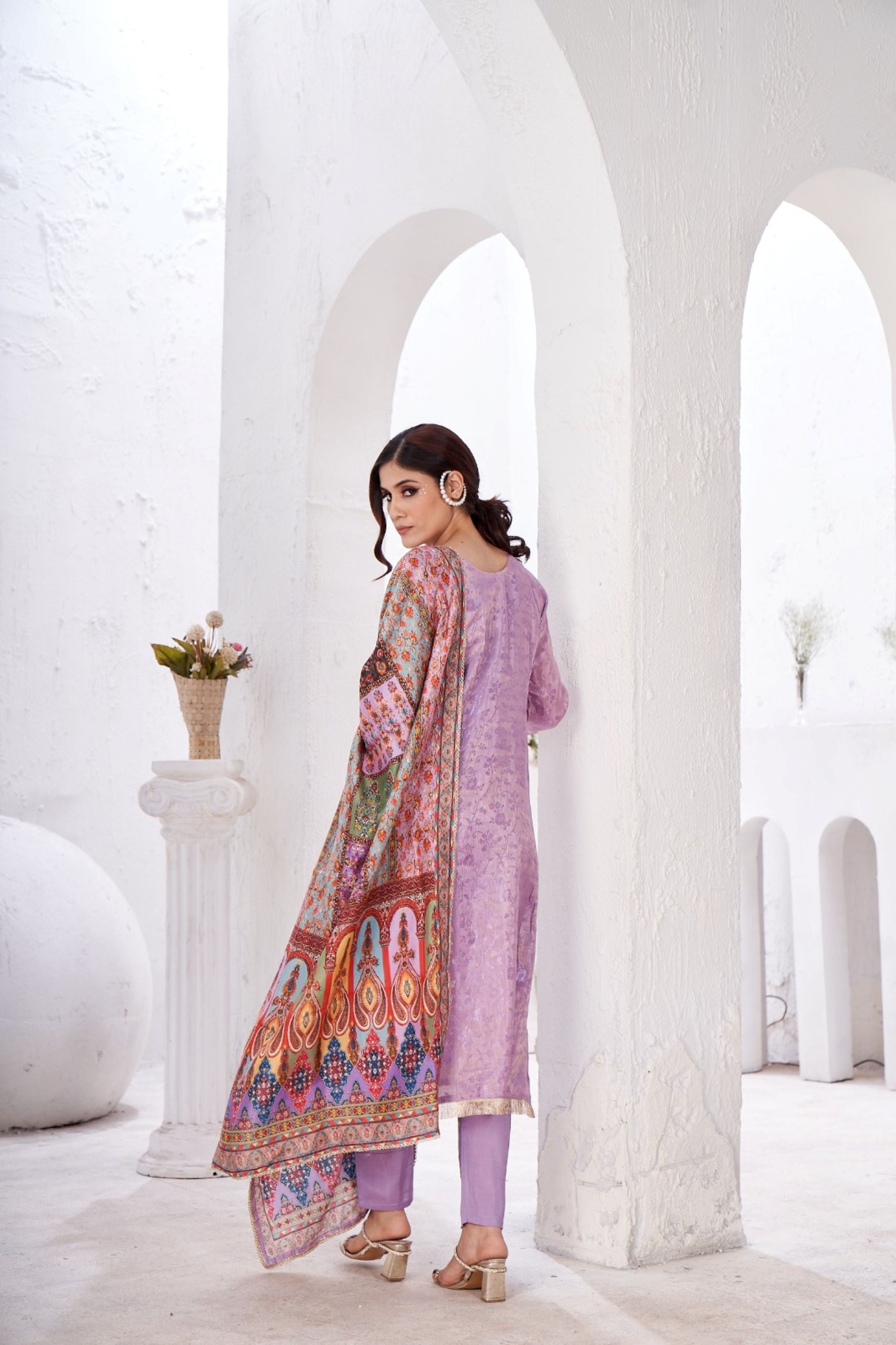 Light Lavender Printed Shimmer Silk Kurta Pant Set