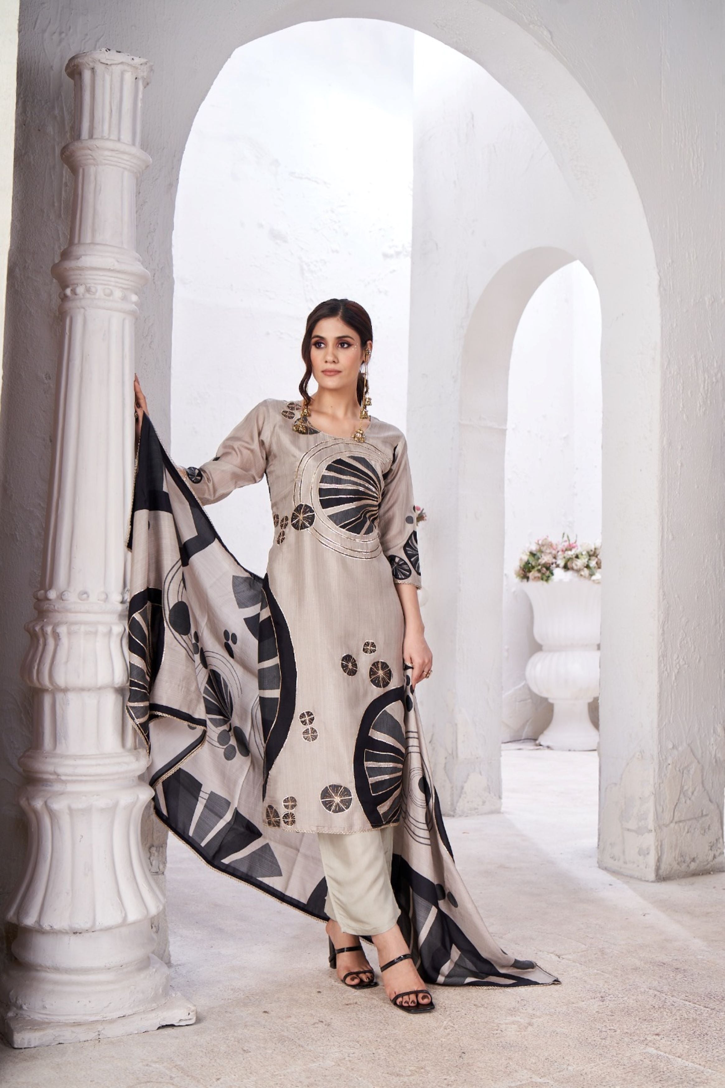 Classic Beige Printed Crepe Silk Kurta Pant Set