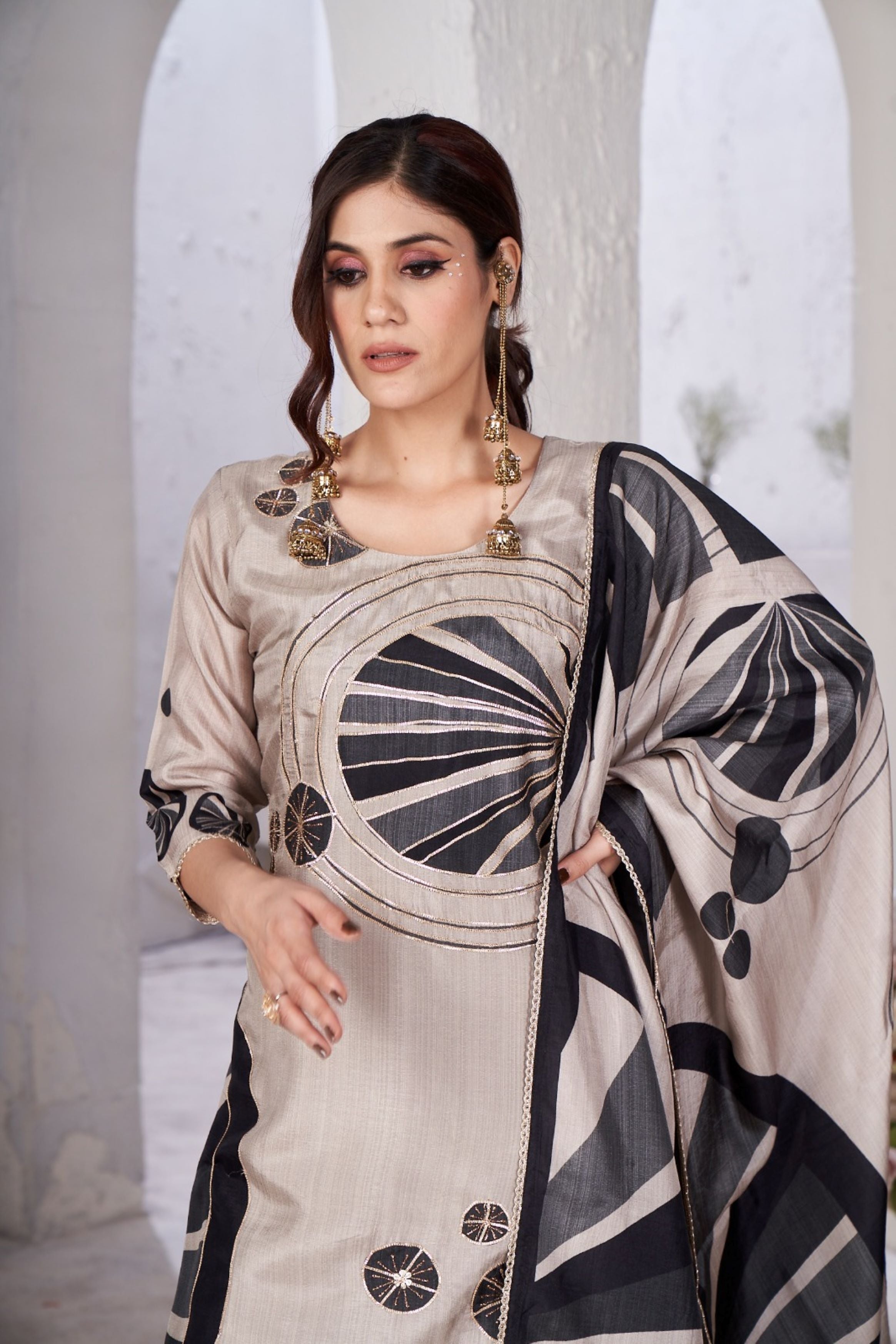 Classic Beige Printed Crepe Silk Kurta Pant Set