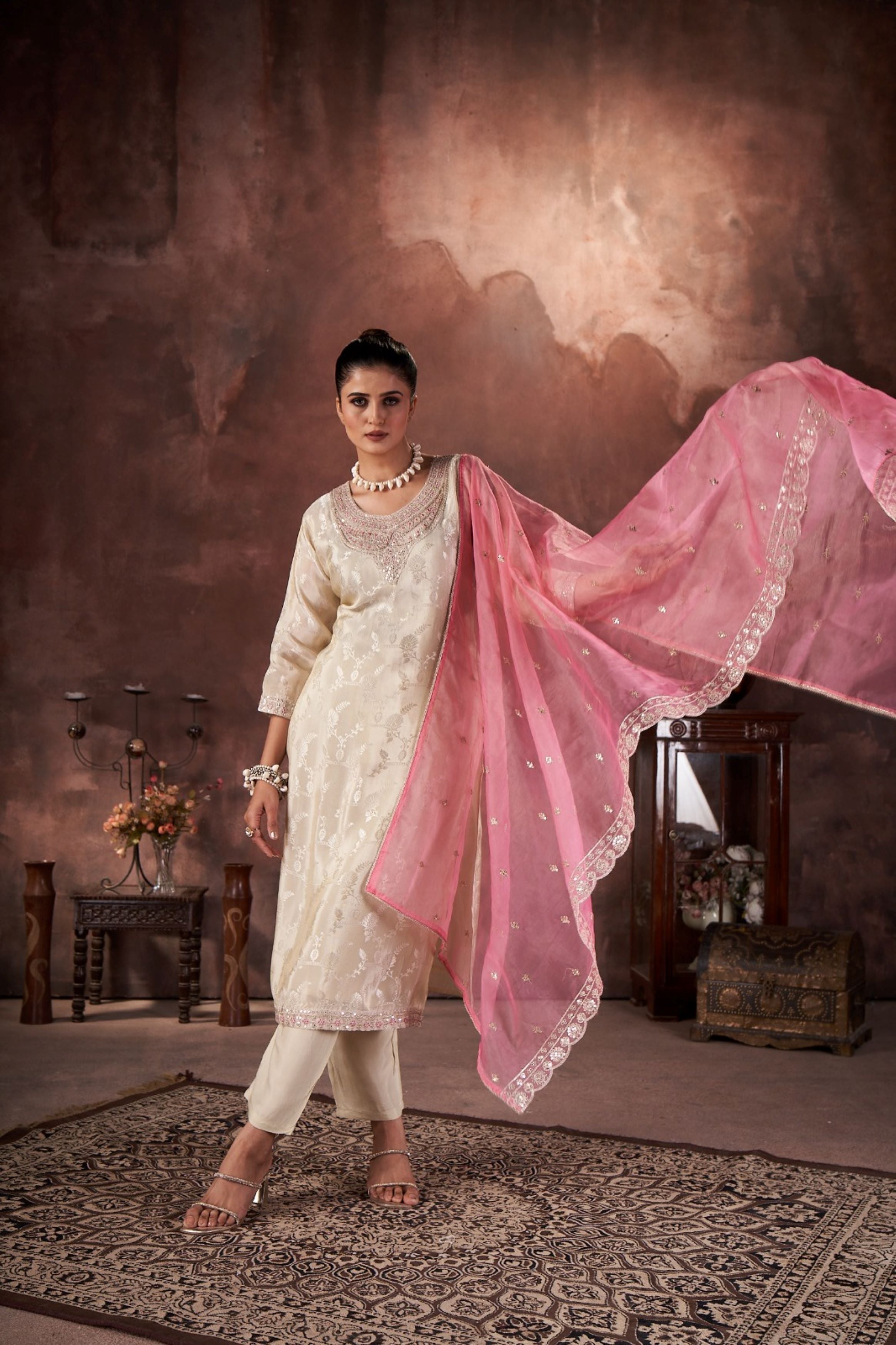 Ivory Embellished Shimmer Silk Kurta Pant Set