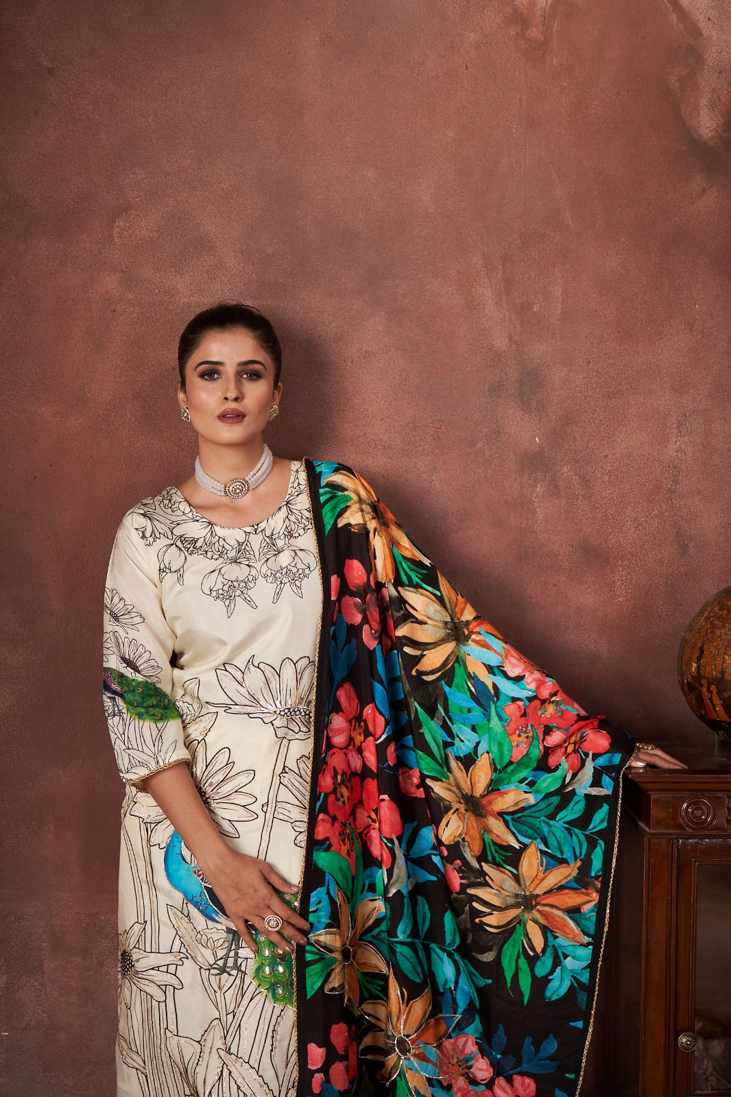 Cream Floral Printed Muslin Silk Kurta Pant Set