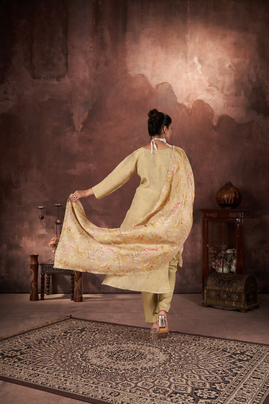 Pastel Pear Green Printed Tissue Silk Kurta Pant Set