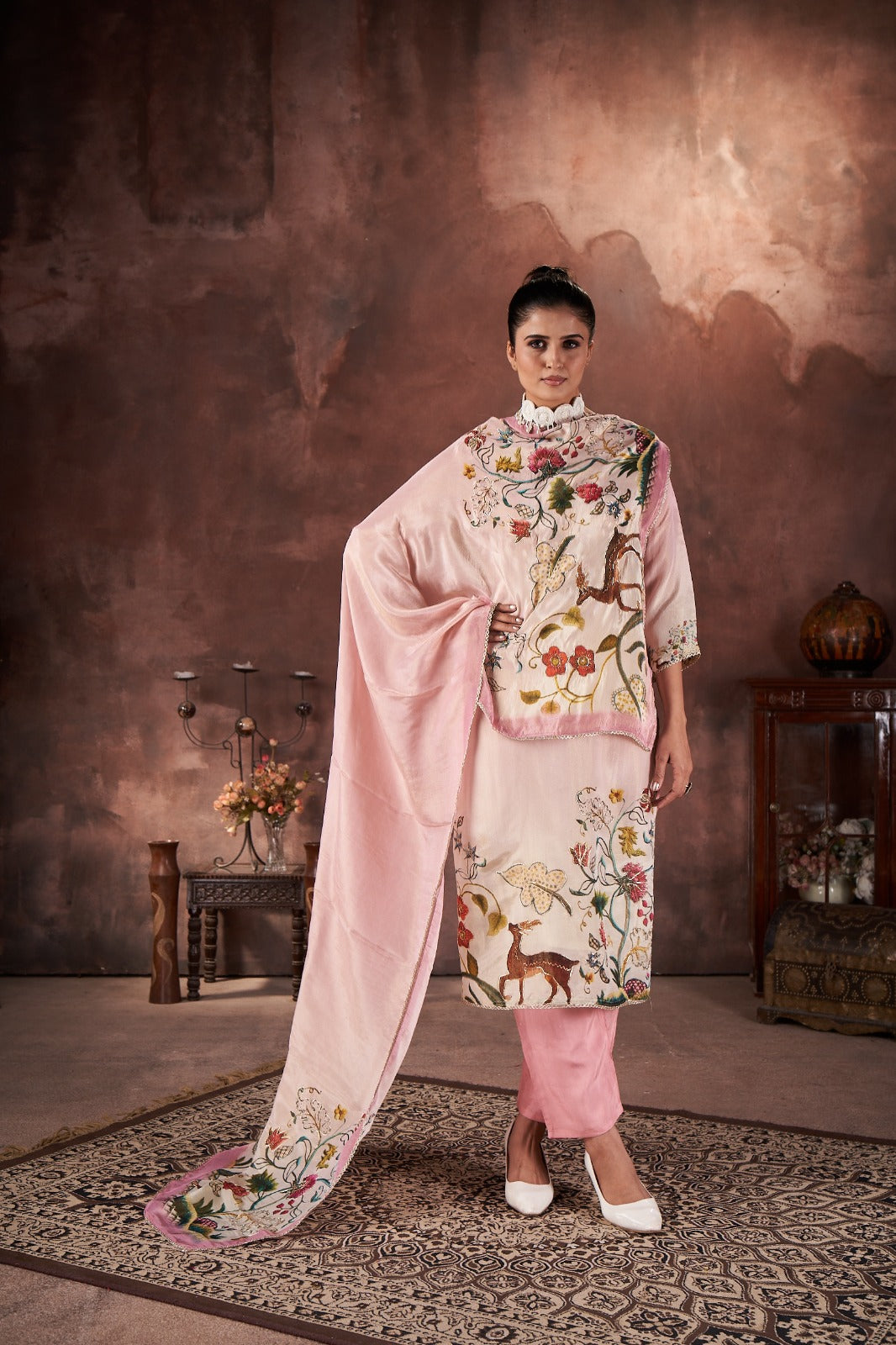 Baby Pink Printed Tissue Silk Kurta Pant Set