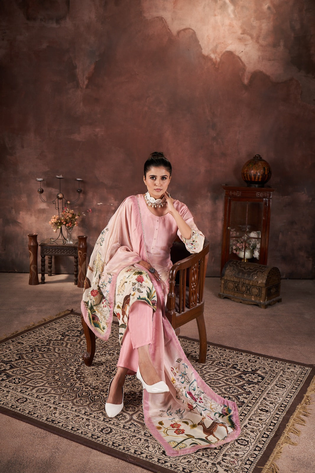 Baby Pink Printed Tissue Silk Kurta Pant Set