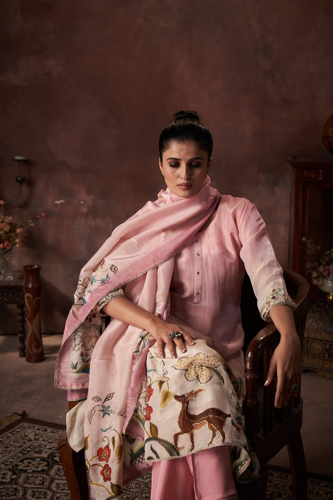 Baby Pink Printed Tissue Silk Kurta Pant Set