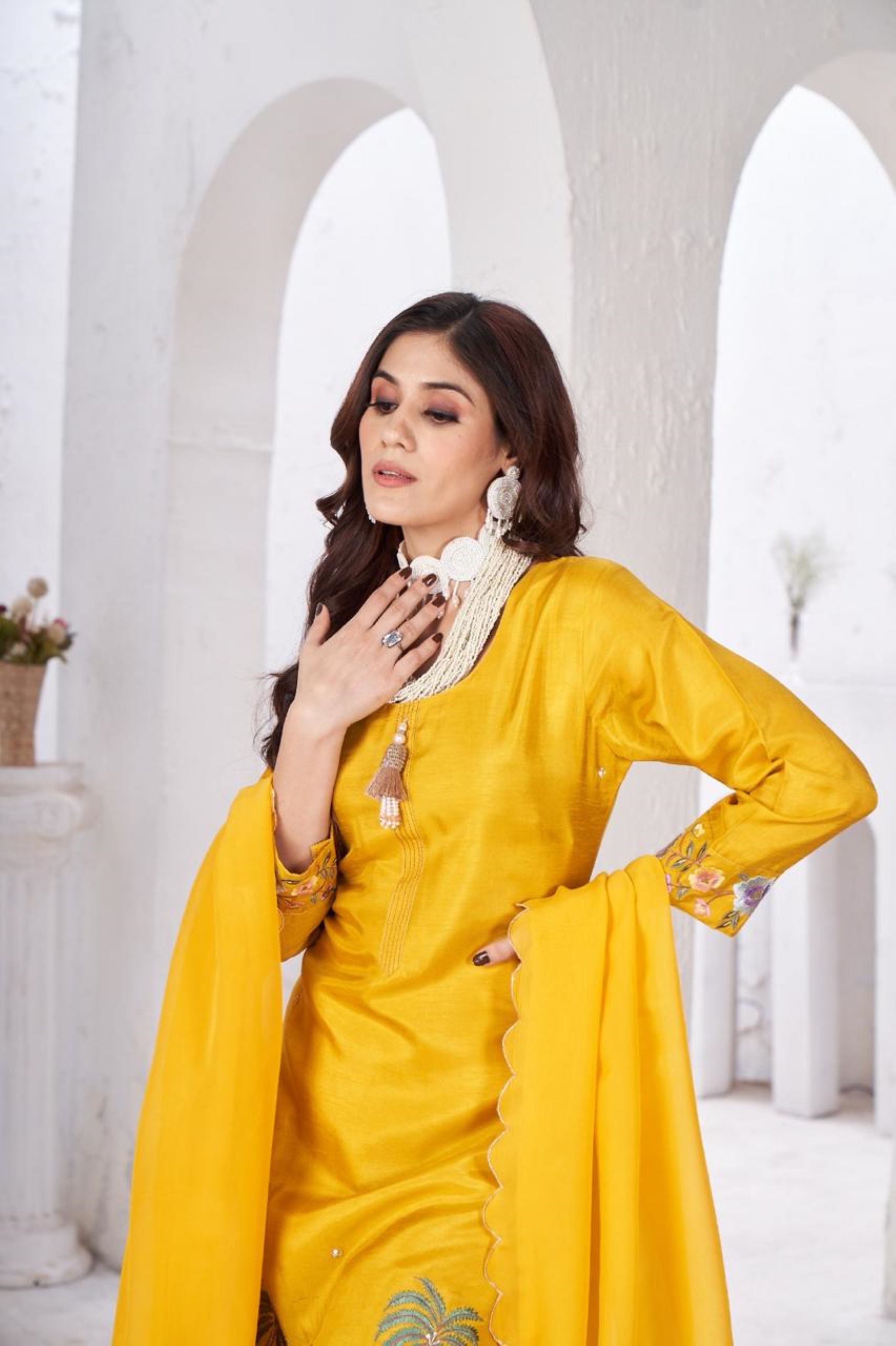 Bright Yellow Embellished Glass Tissue Organza Kurta Pant Set