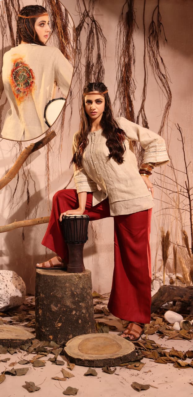 Creamy Nude Printed Organic Linen Co-Ord Set