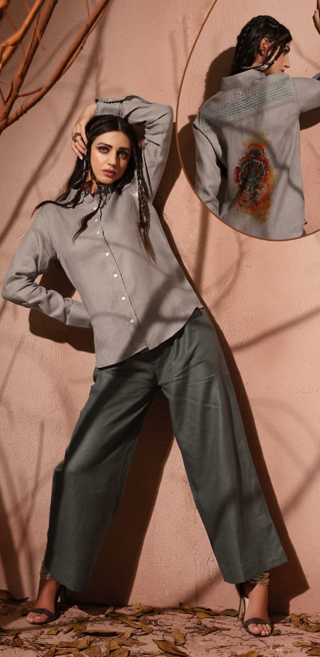 Grey Printed Organic Linen Co-Ord Set