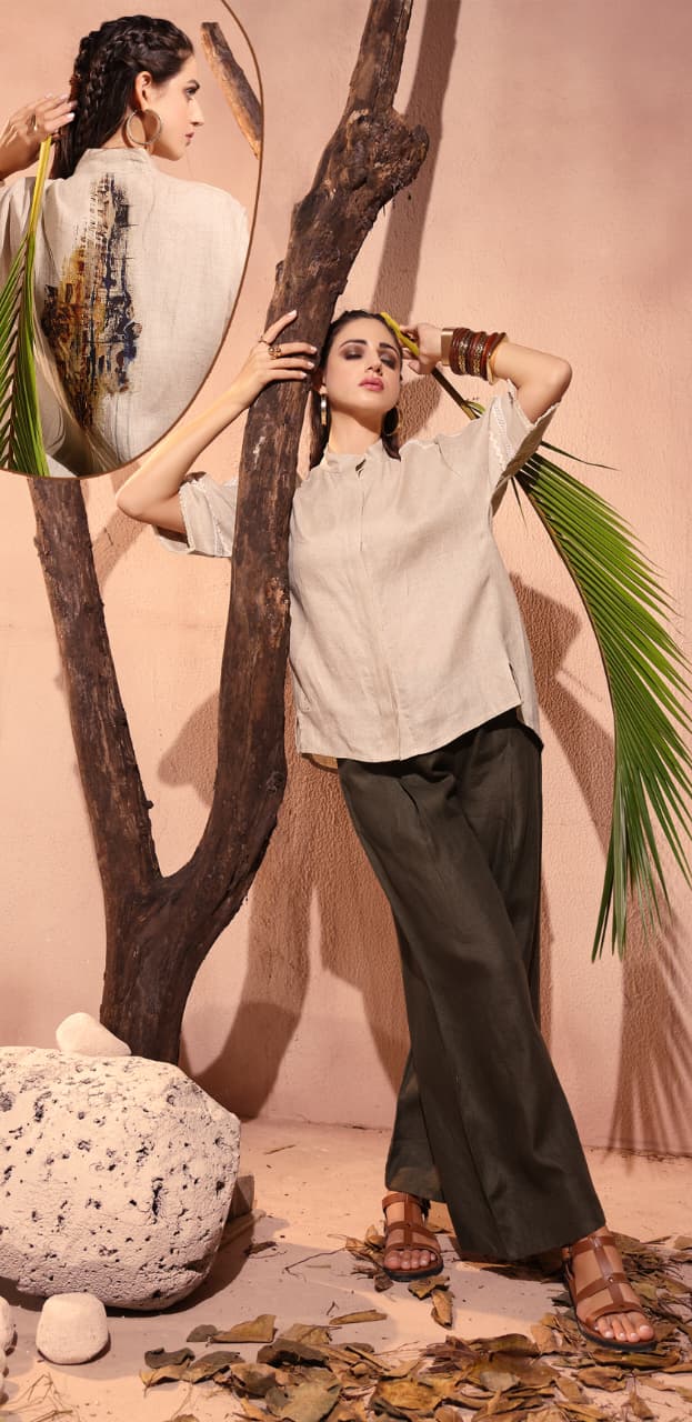 Camel Beige Printed Organic Linen Co-Ord Set