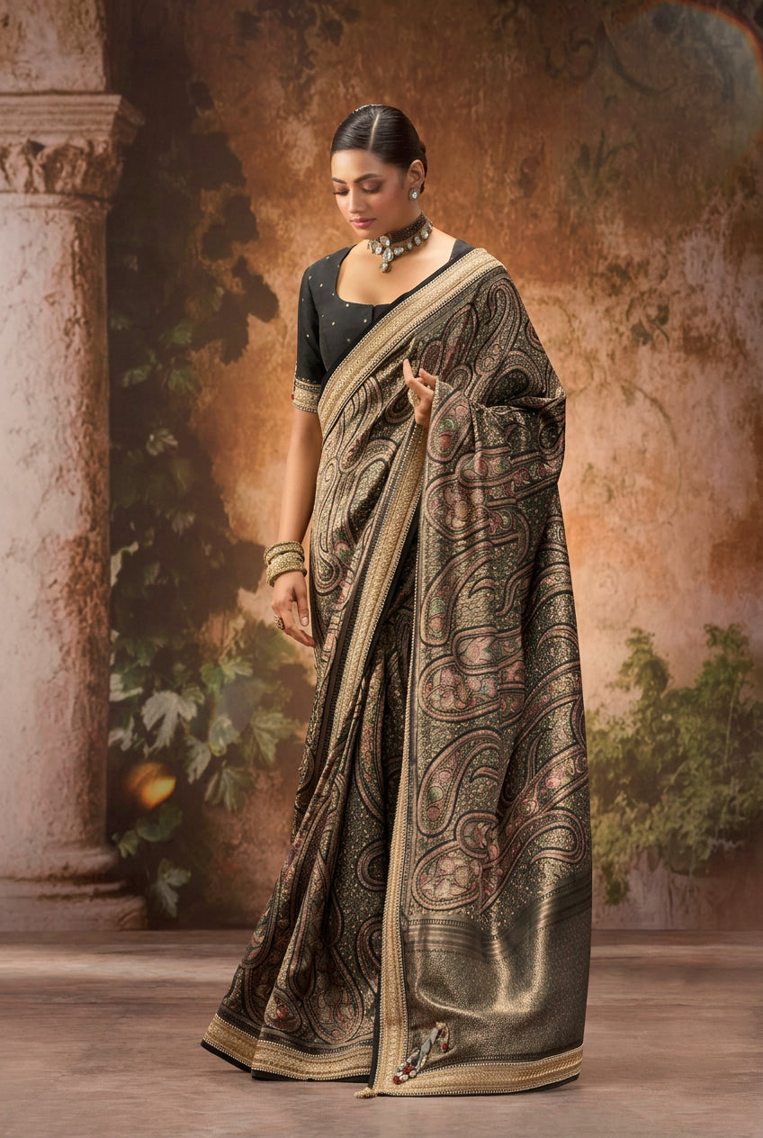 Raven Black Luxe Embellished Banarasi Brocade Silk Saree