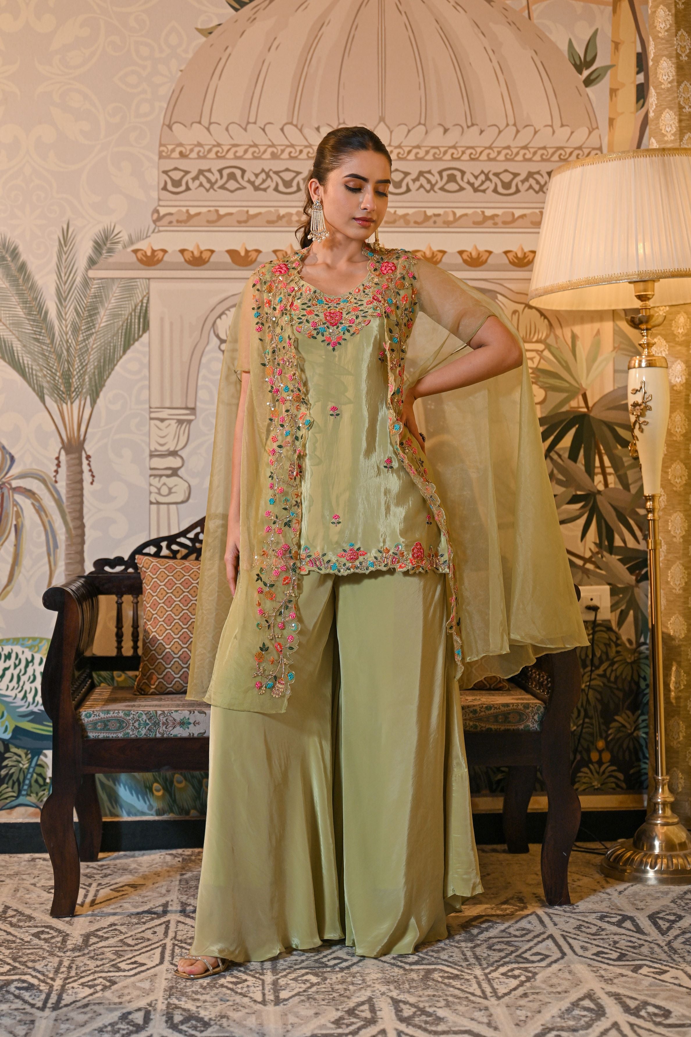 Green Embroidered Crepe Silk Cape Palazzo Set