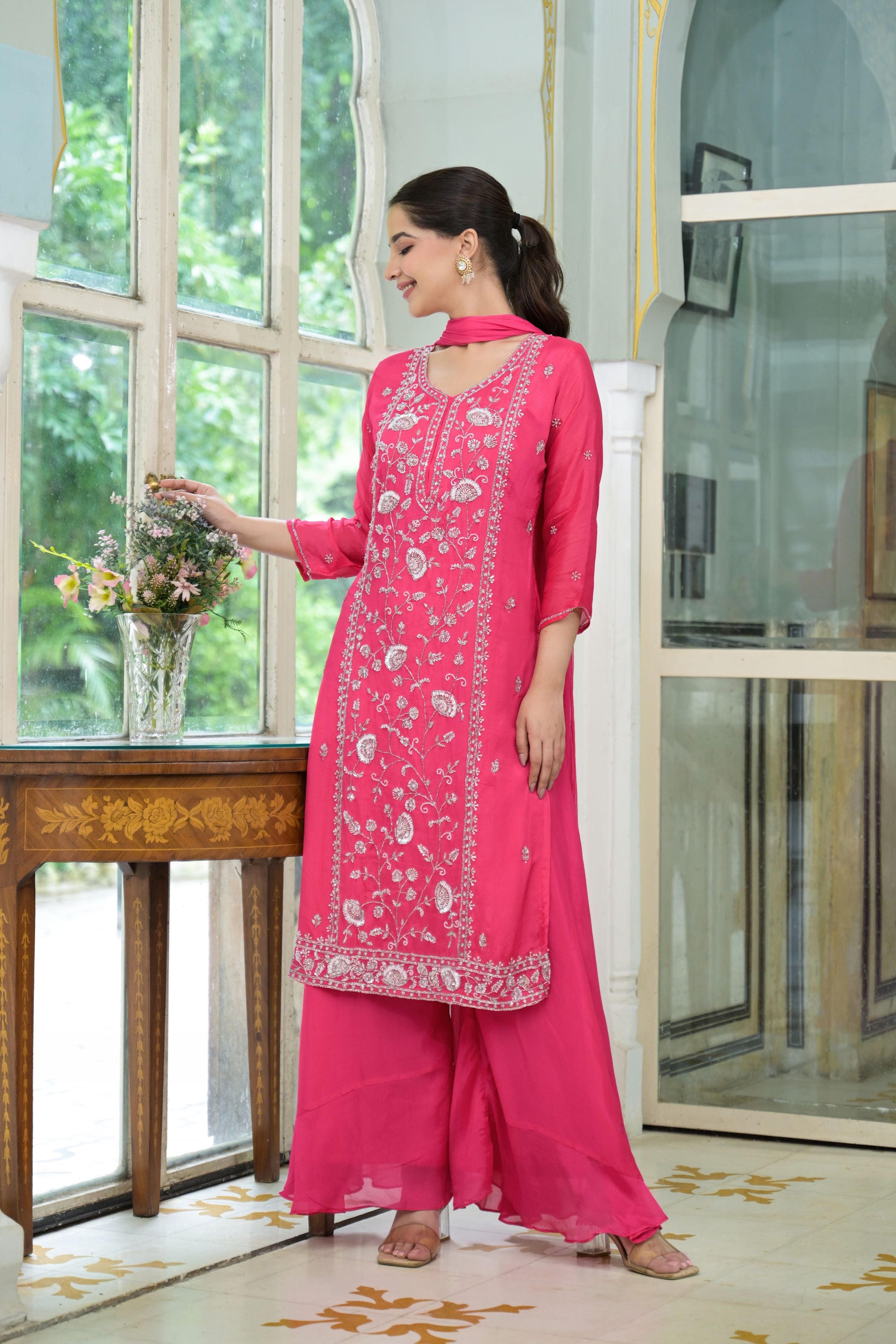 Pink Embellished Chinon Silk Palazzo Set