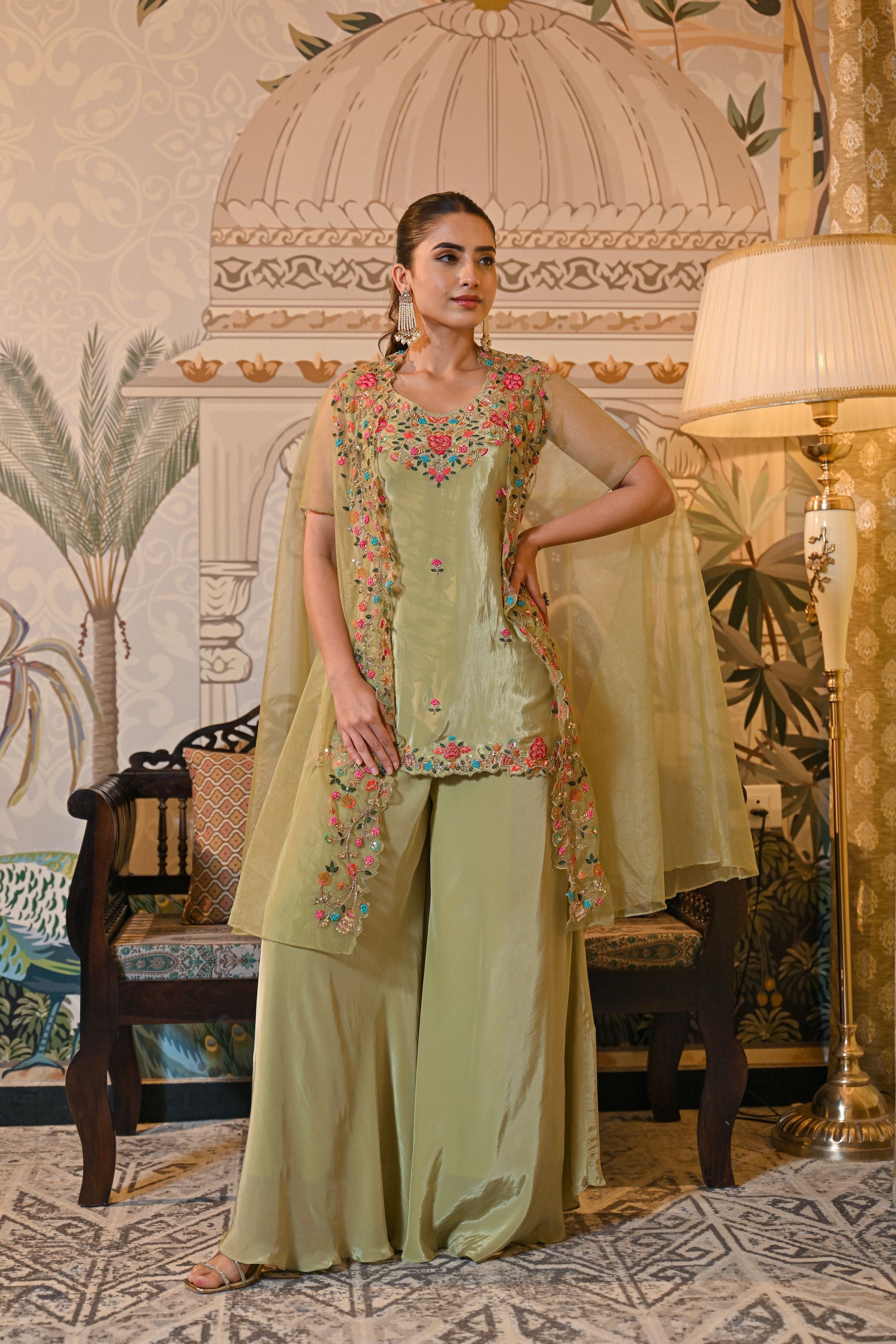 Green Embroidered Crepe Silk Cape Palazzo Set