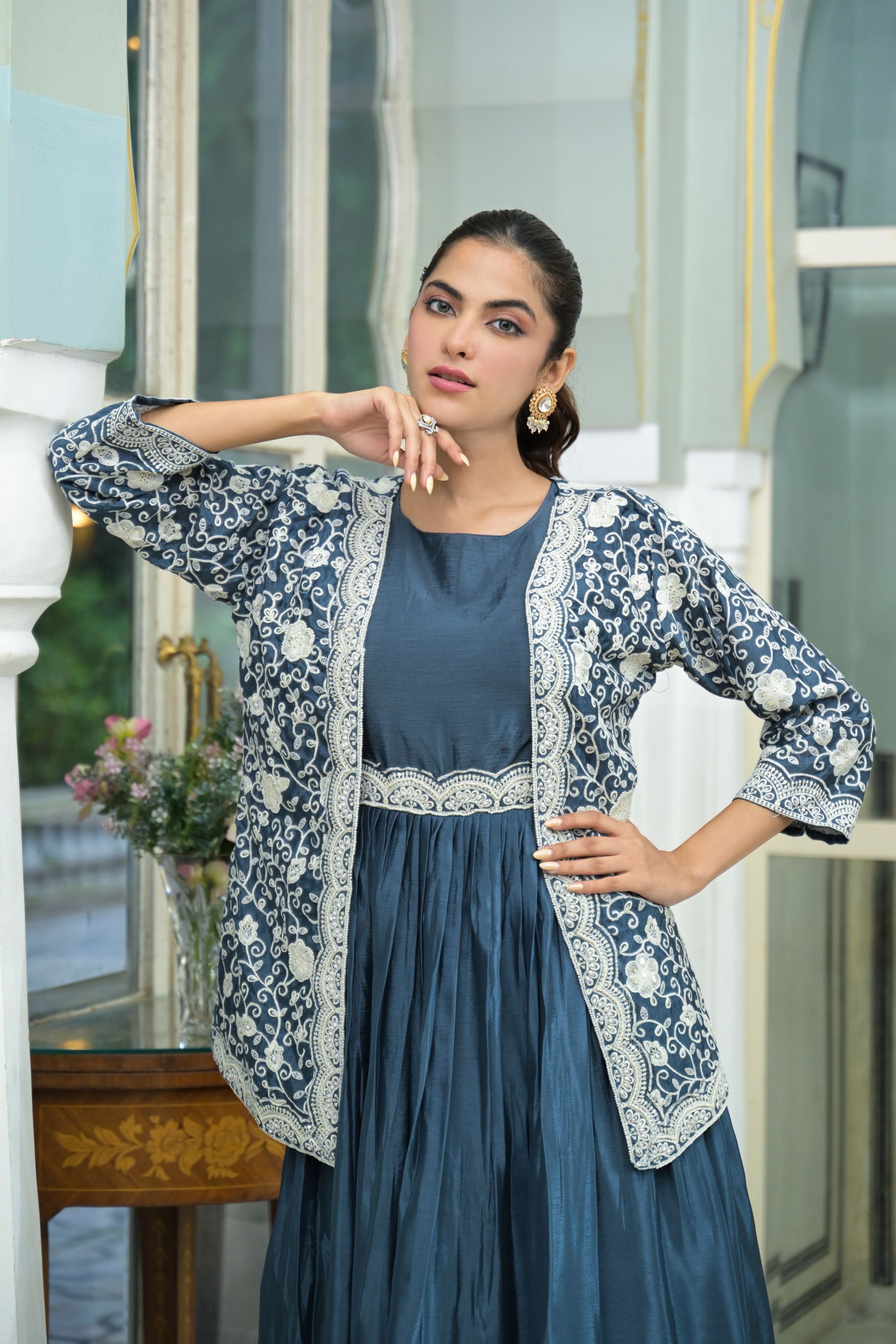 Stone Blue Embroidered Italian Silk Jacket Gown