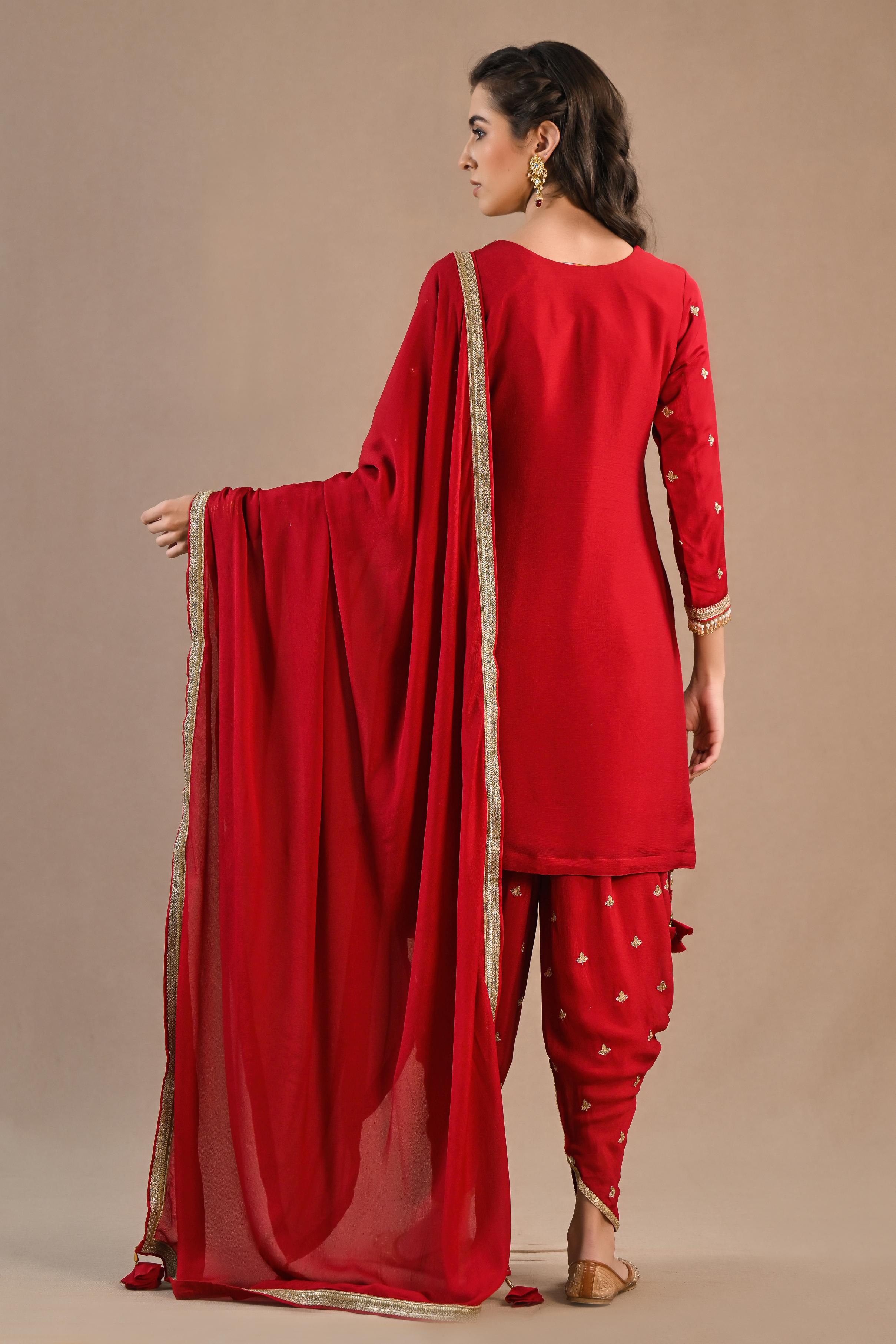 Red Embellished Chiffon Silk Dhoti Set