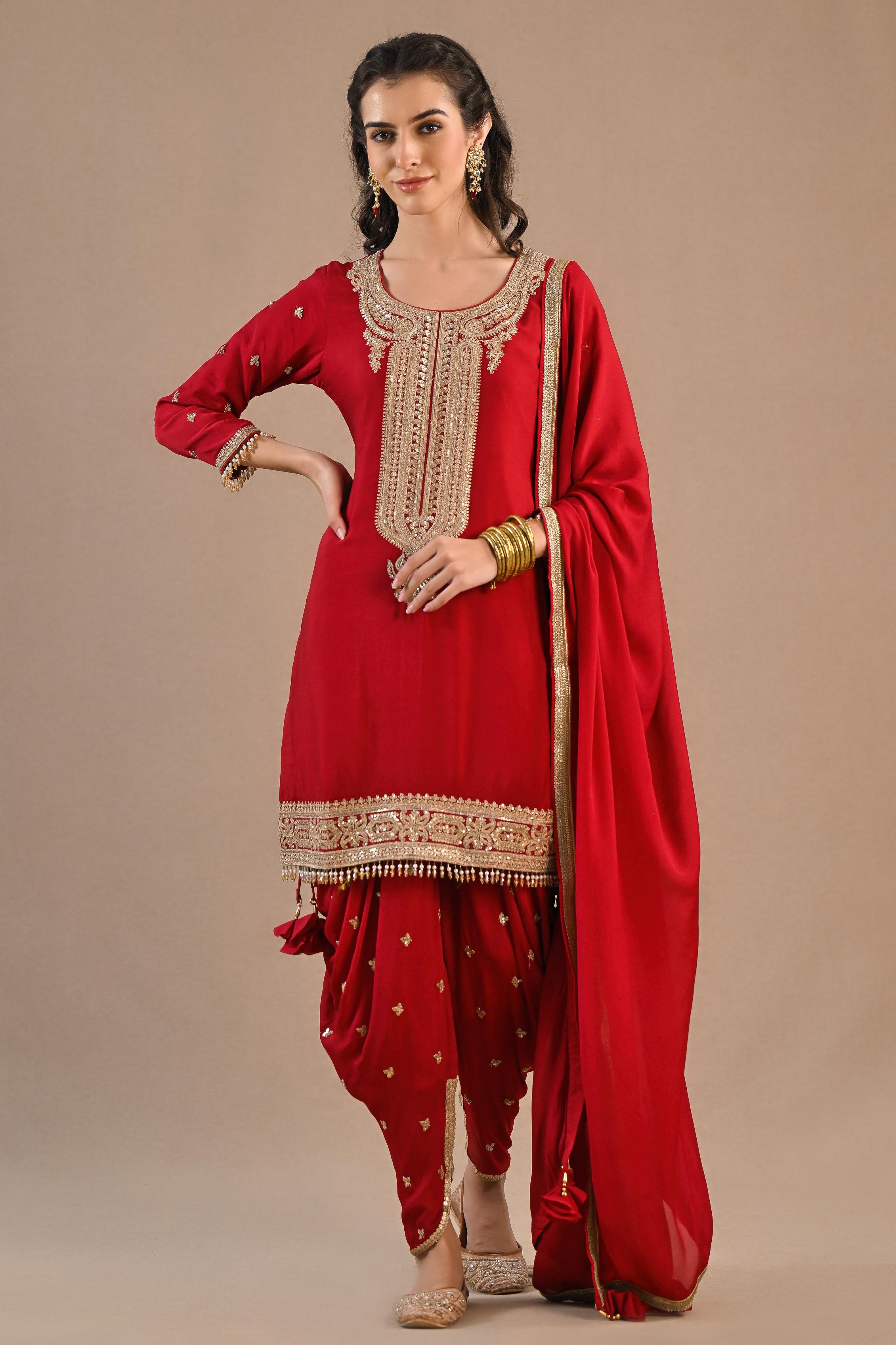 Red Embellished Chiffon Silk Dhoti Set