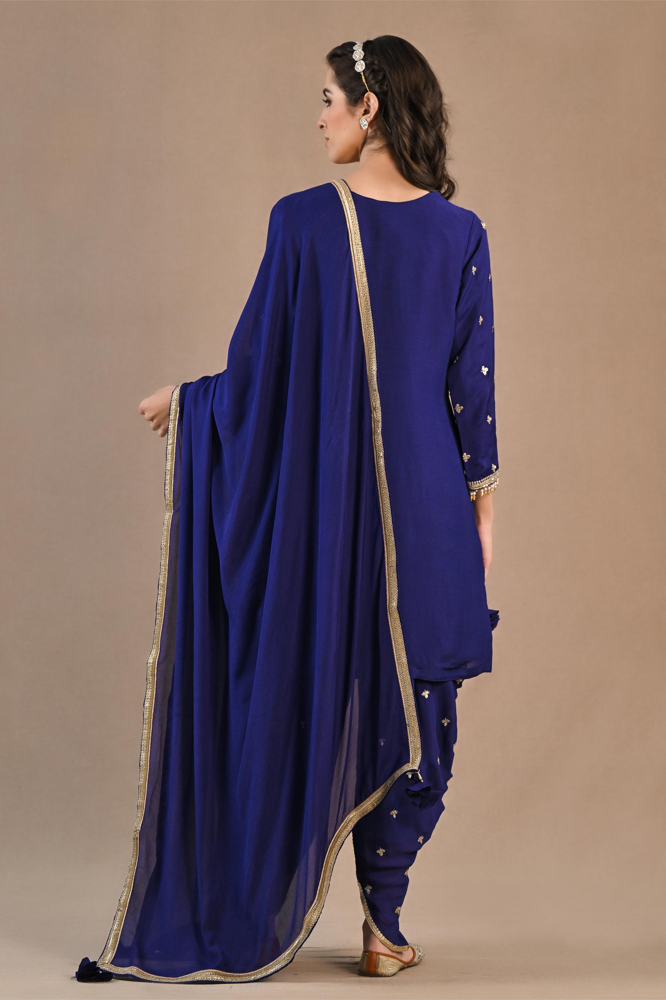 Indigo Embellished Chiffon Silk Dhoti Set