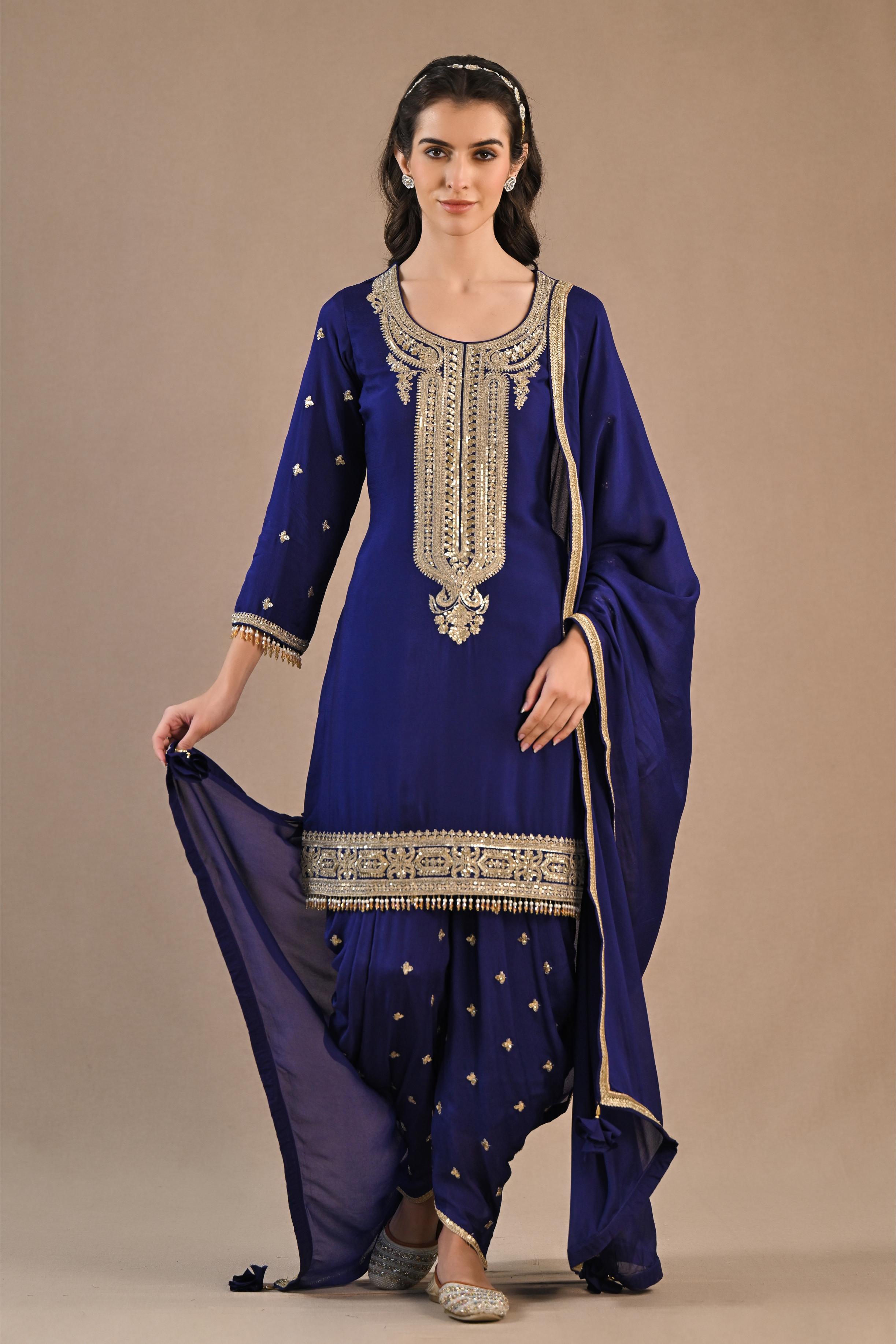 Indigo Embellished Chiffon Silk Dhoti Set