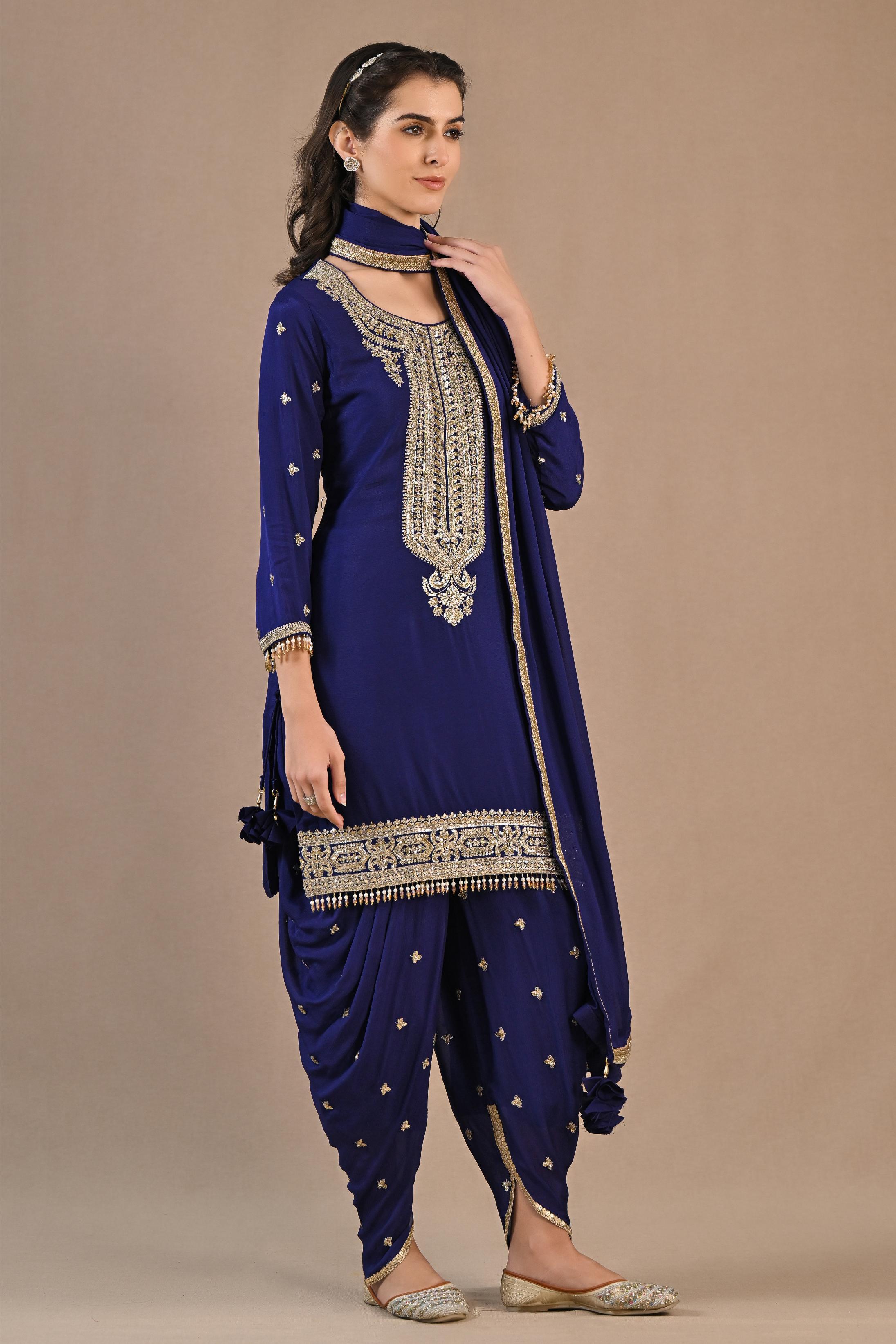 Indigo Embellished Chiffon Silk Dhoti Set