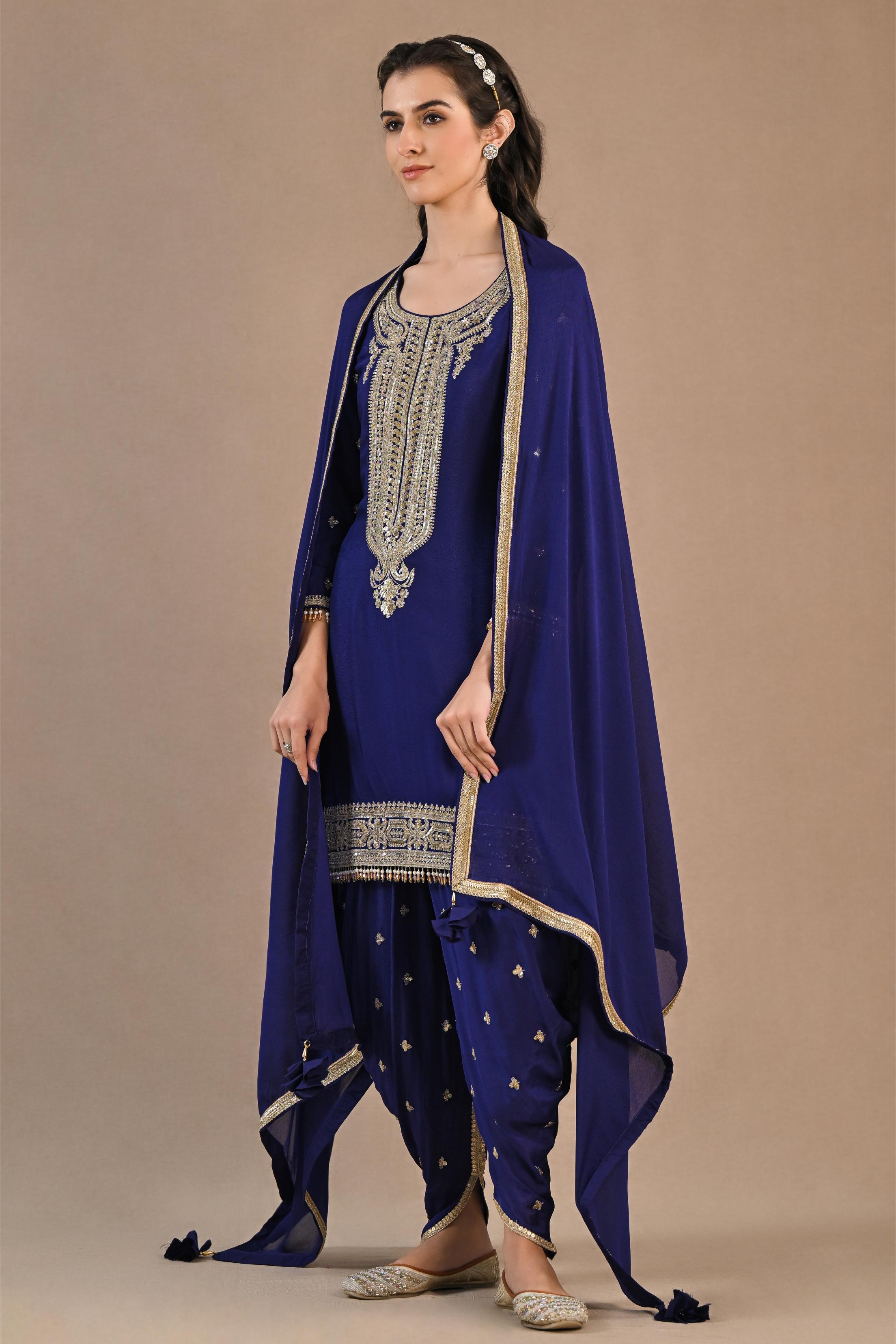 Indigo Embellished Chiffon Silk Dhoti Set