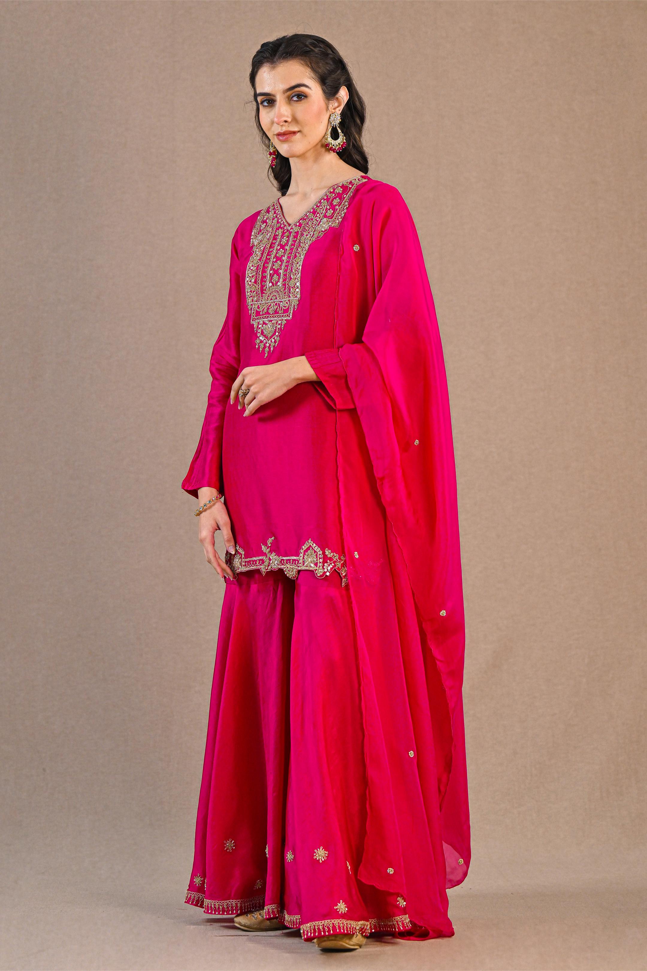 Rani Pink Embroidered Raw Silk Sharara Set