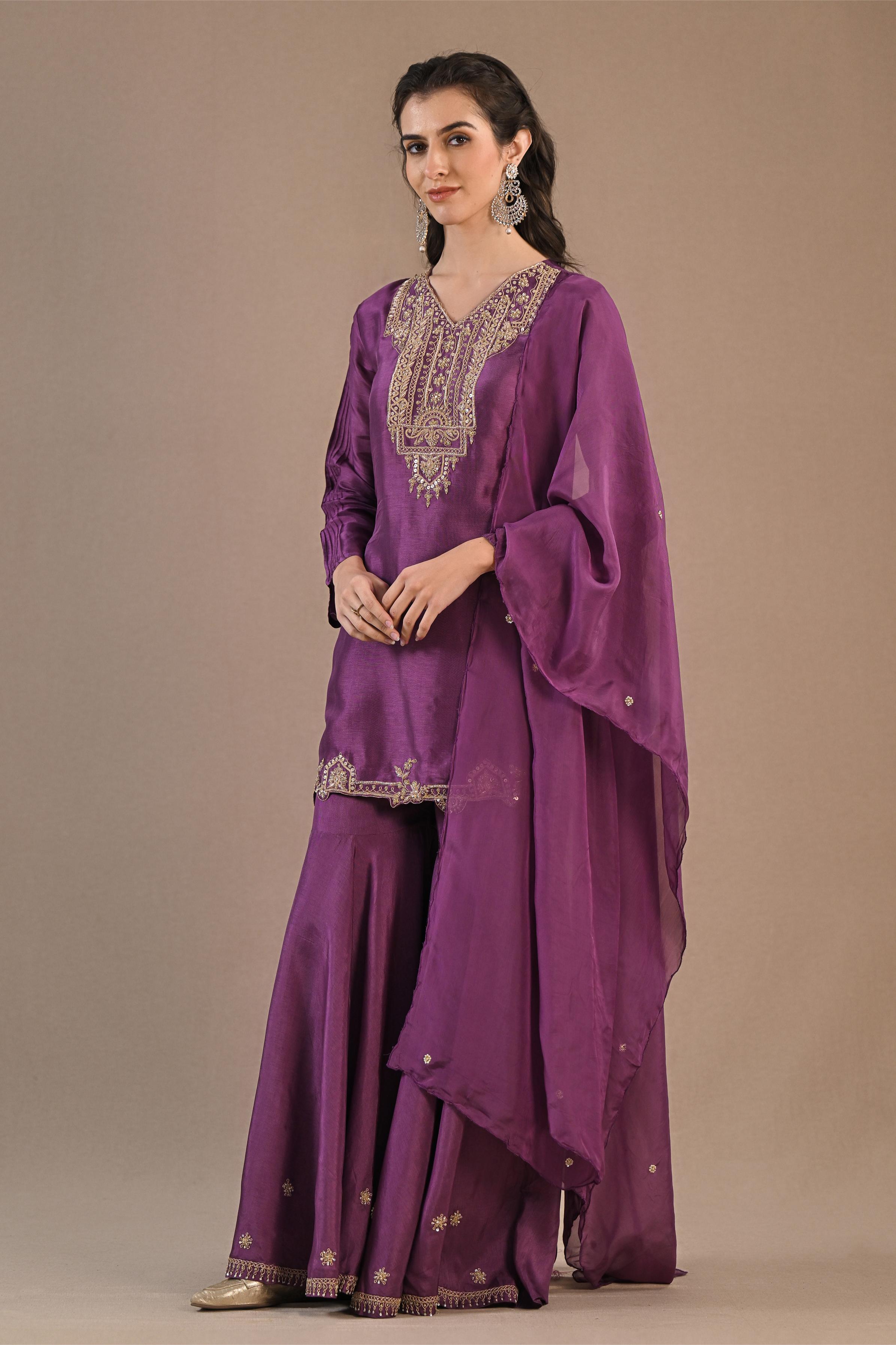 Pale Ruby Embroidered Raw Silk Sharara Set