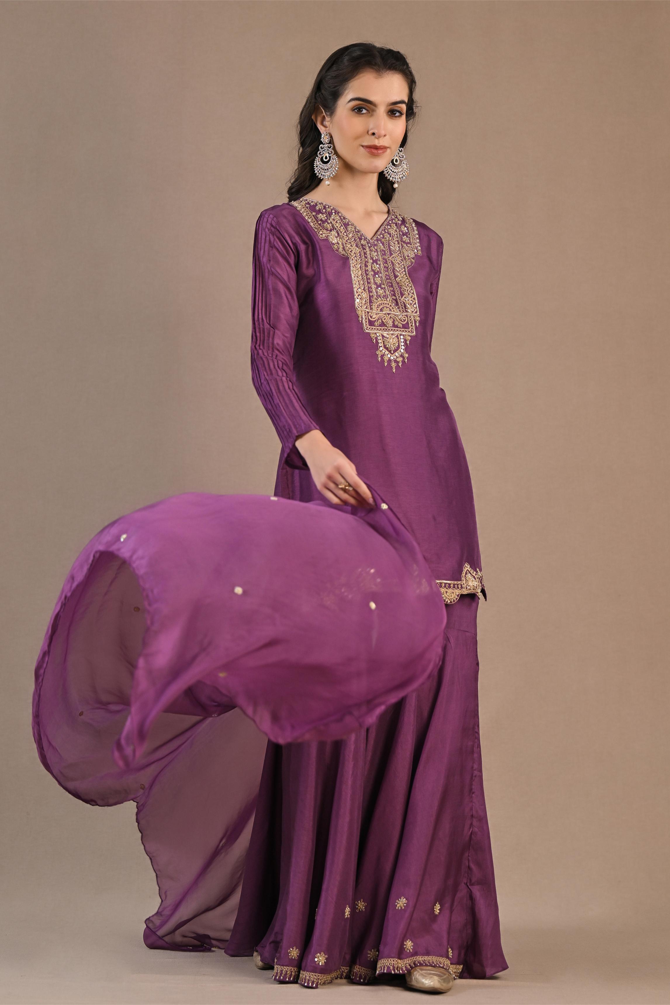 Pale Ruby Embroidered Raw Silk Sharara Set