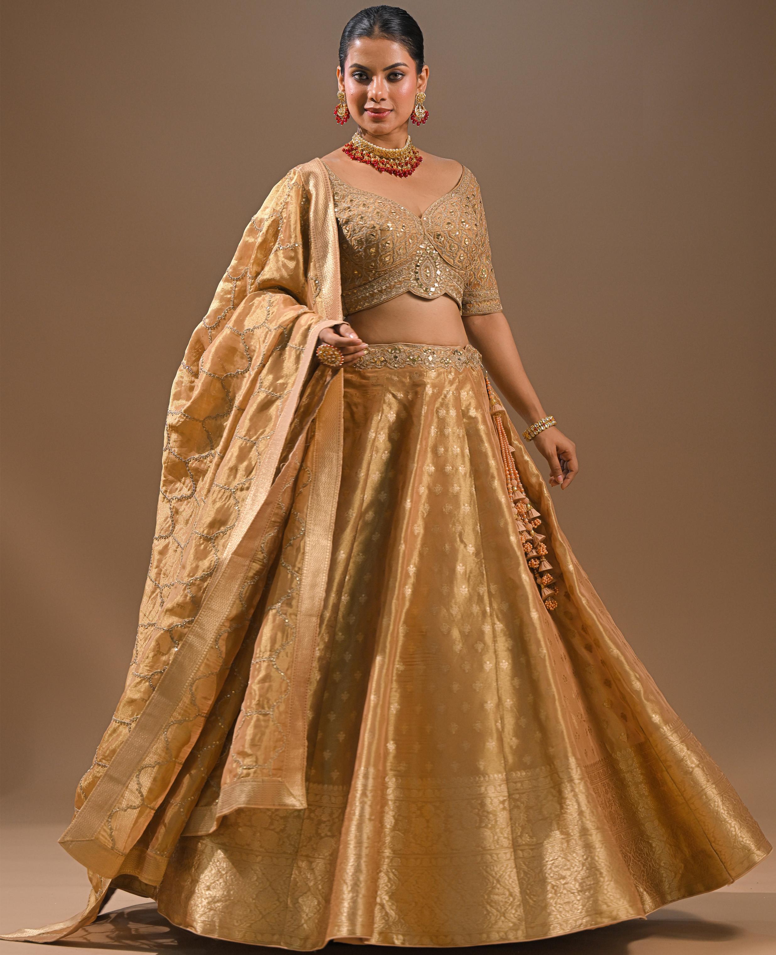 Golden Embroidered Brocade Silk Lehenga Set