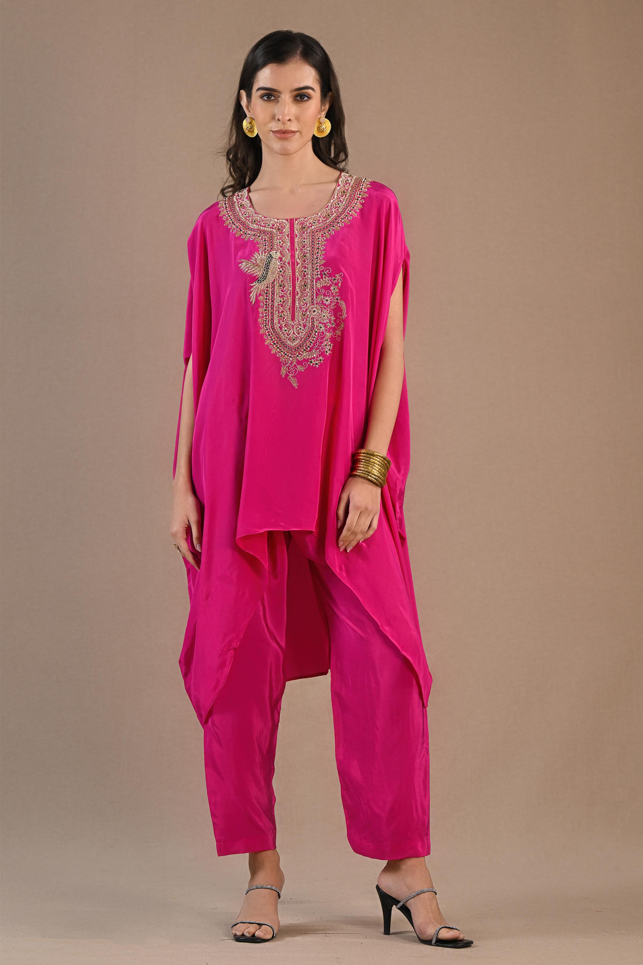 Pink Embroidered Habutai Silk Kaftan Set