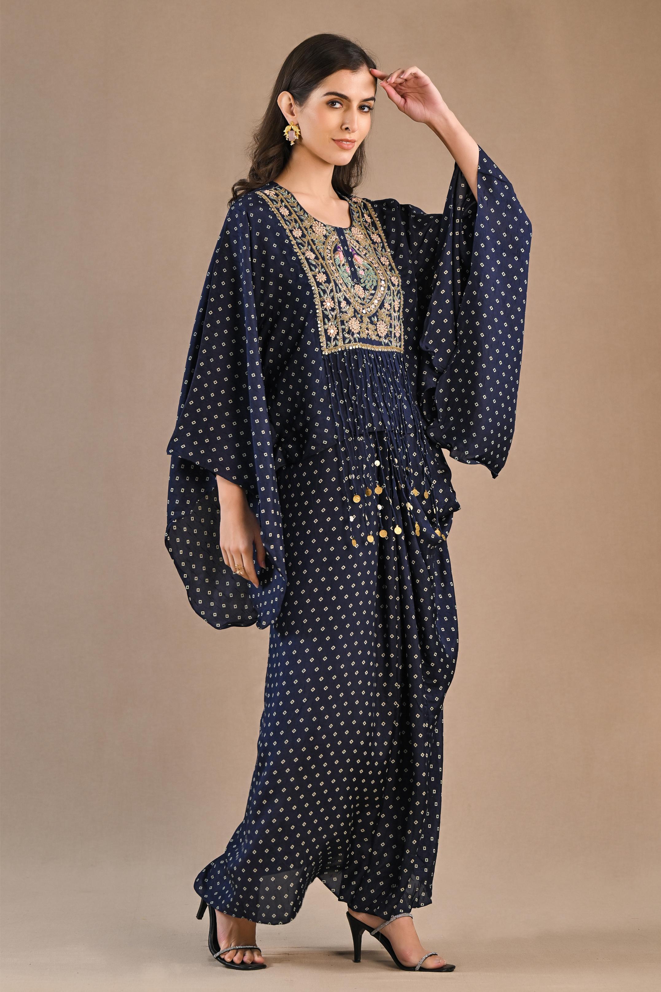 Blue Bandhej Printed Raw Silk Kaftan & Skirt Set