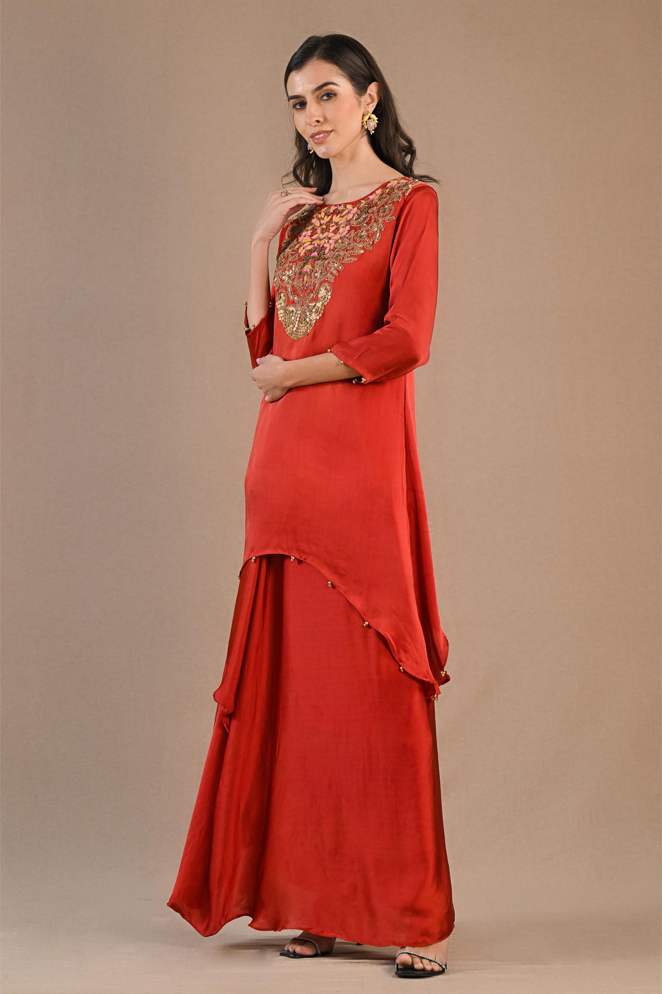 Rust Embroidered Satin Silk Kurta & Skirt Set