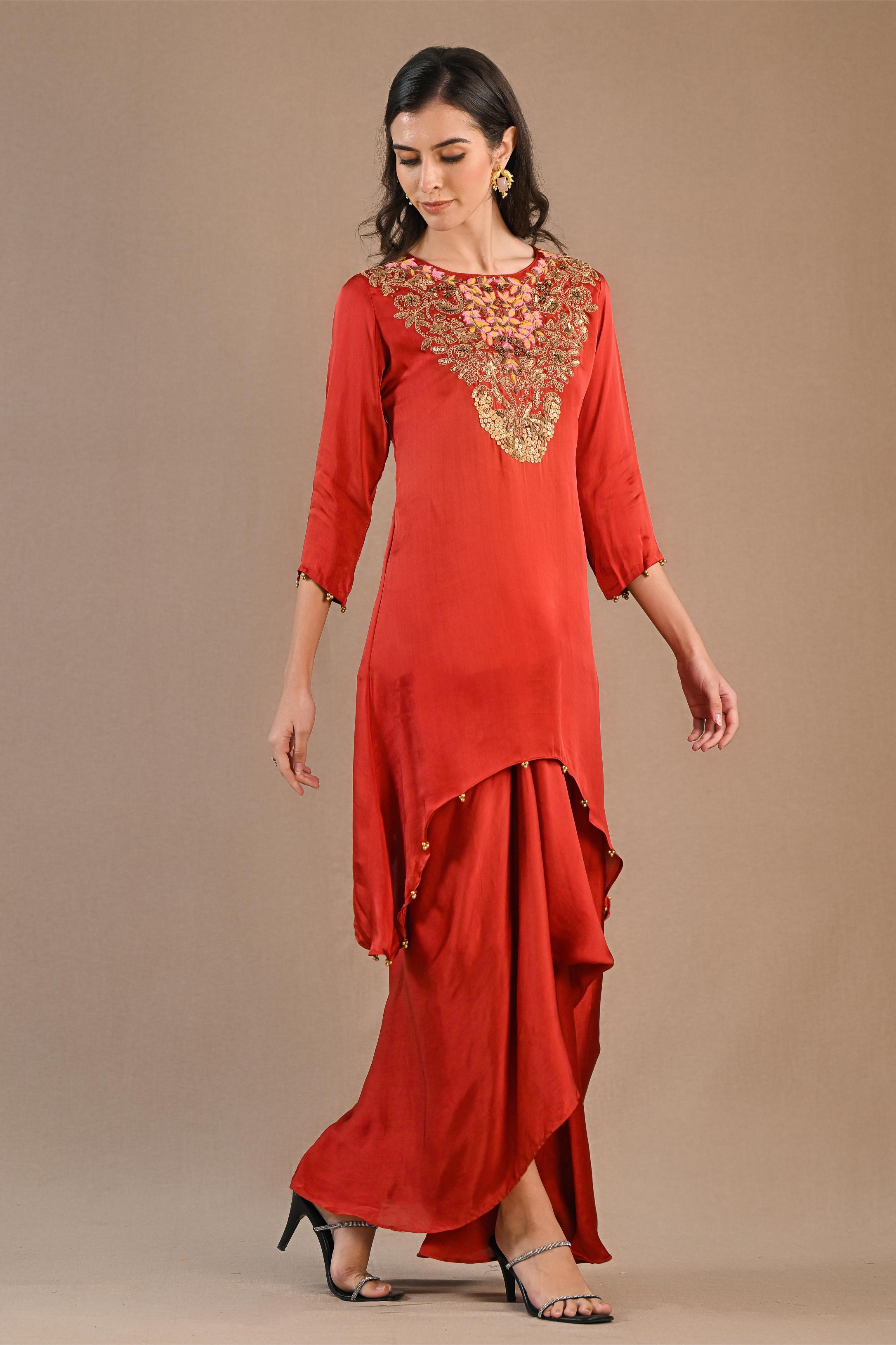 Rust Embroidered Satin Silk Kurta & Skirt Set