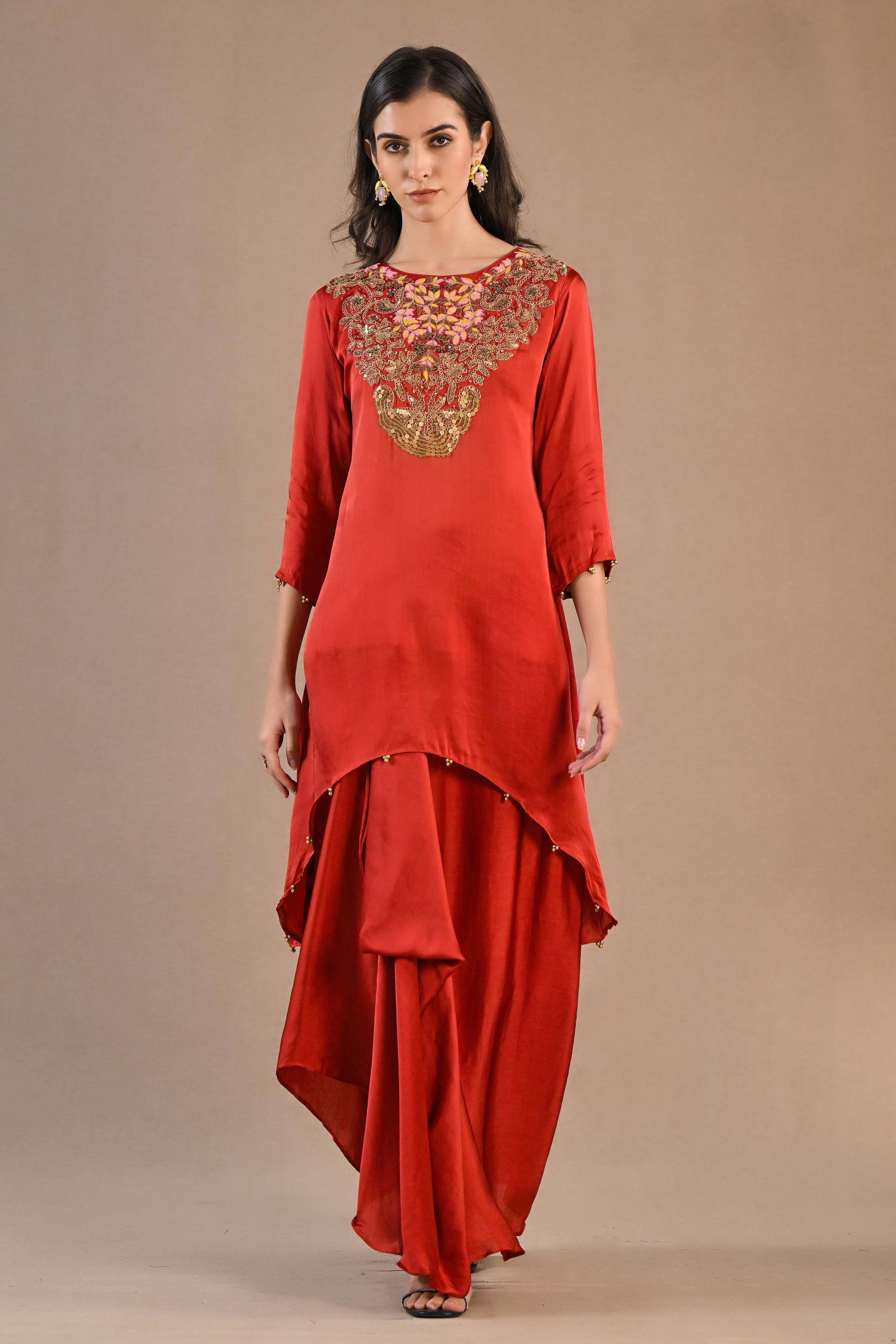 Rust Embroidered Satin Silk Kurta & Skirt Set