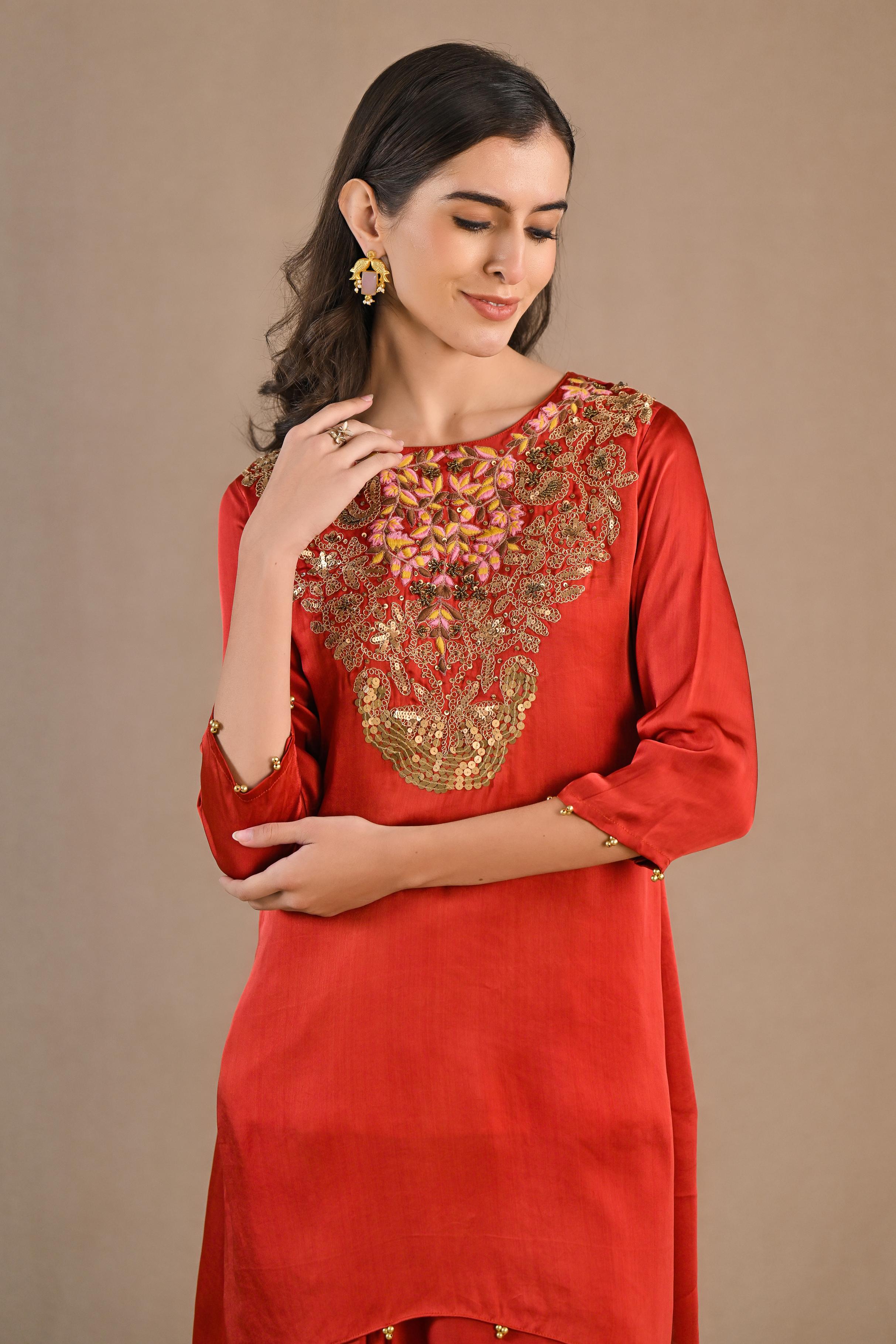 Rust Embroidered Satin Silk Kurta & Skirt Set