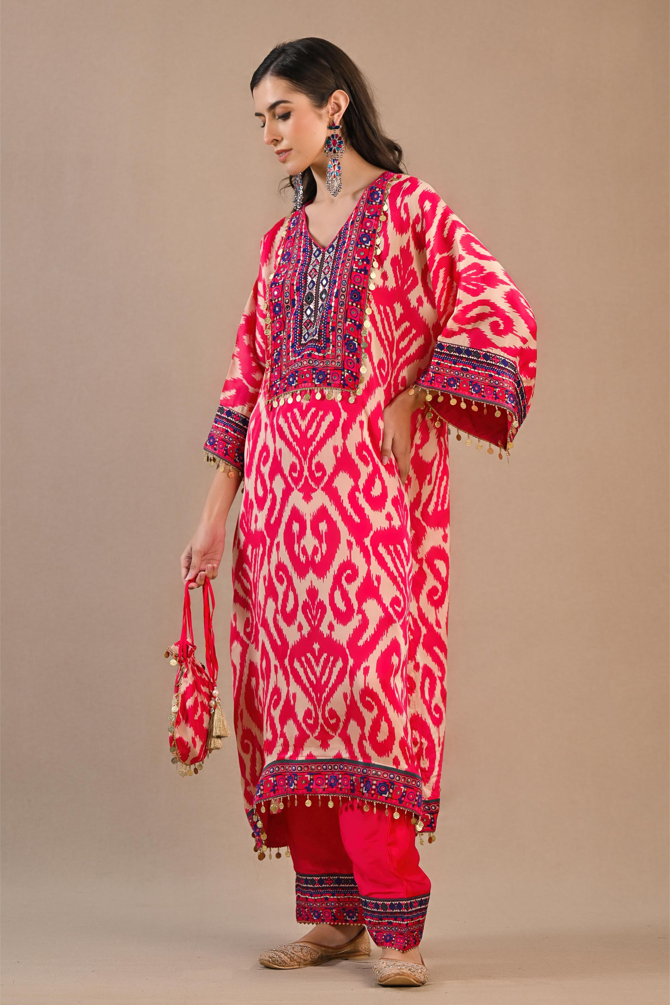 Pink Printed Crepe Silk Kurta Set