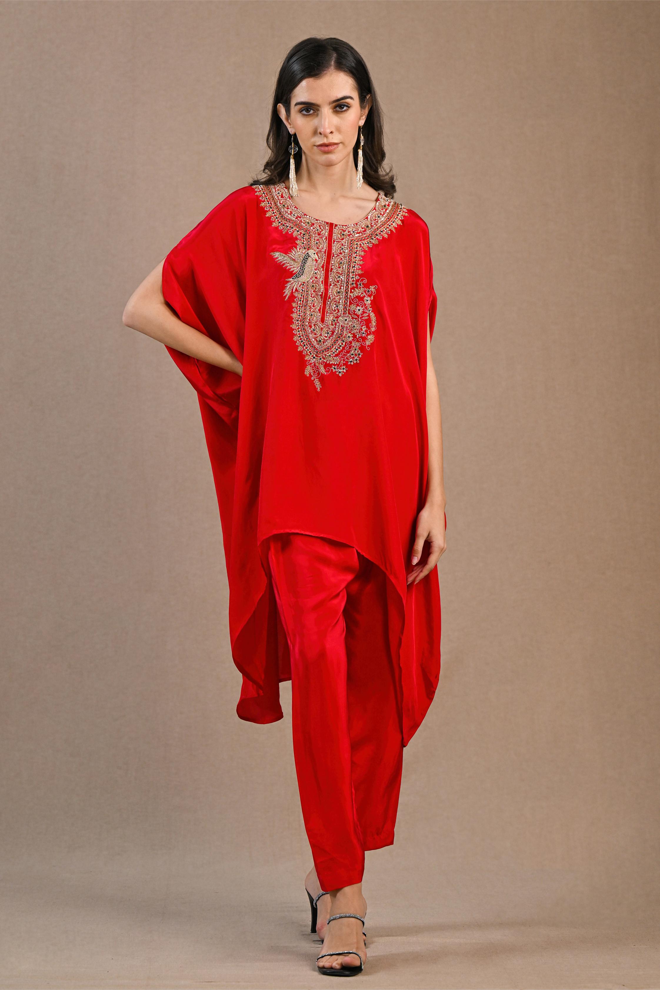 Red Embroidered Habutai Silk Kaftan Set