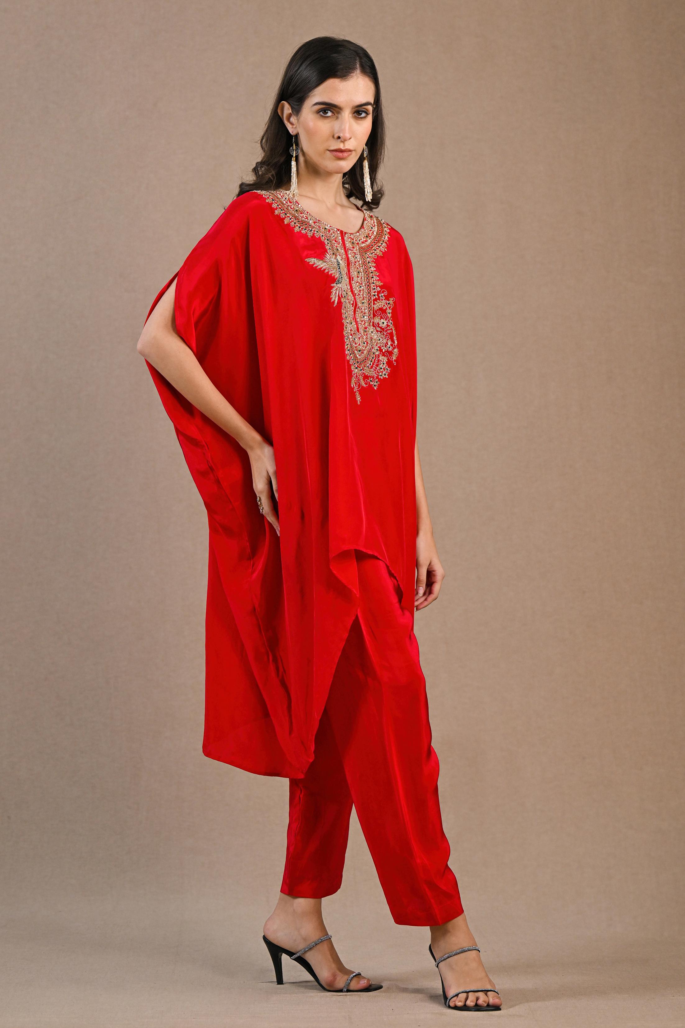 Red Embroidered Habutai Silk Kaftan Set