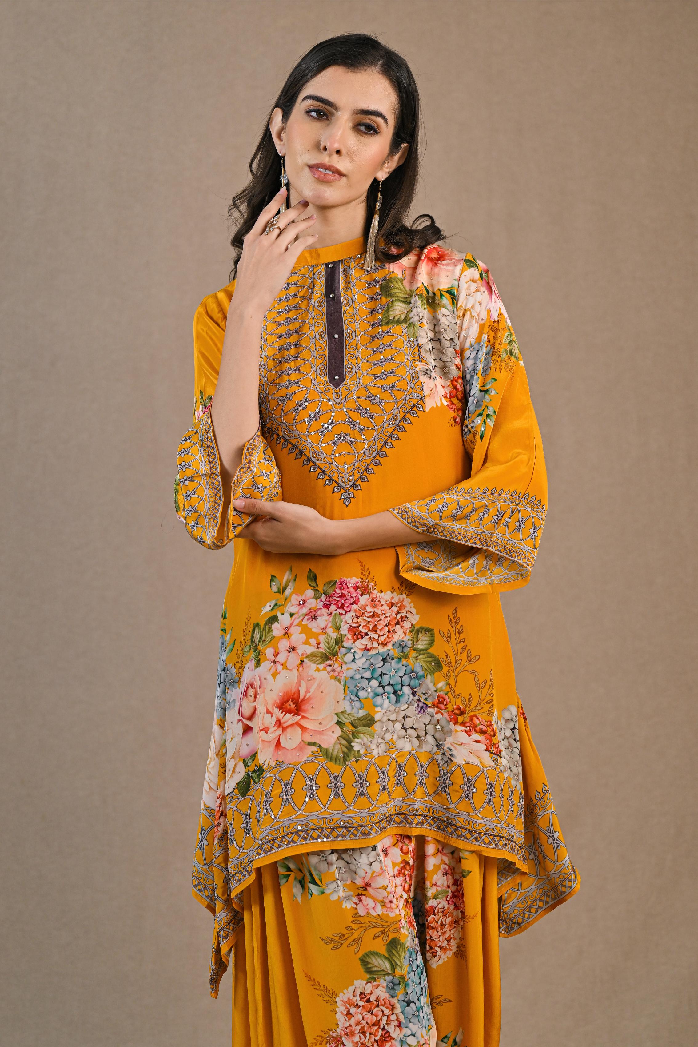 Amber Yellow Floral Printed Crepe Silk Palazzo Set