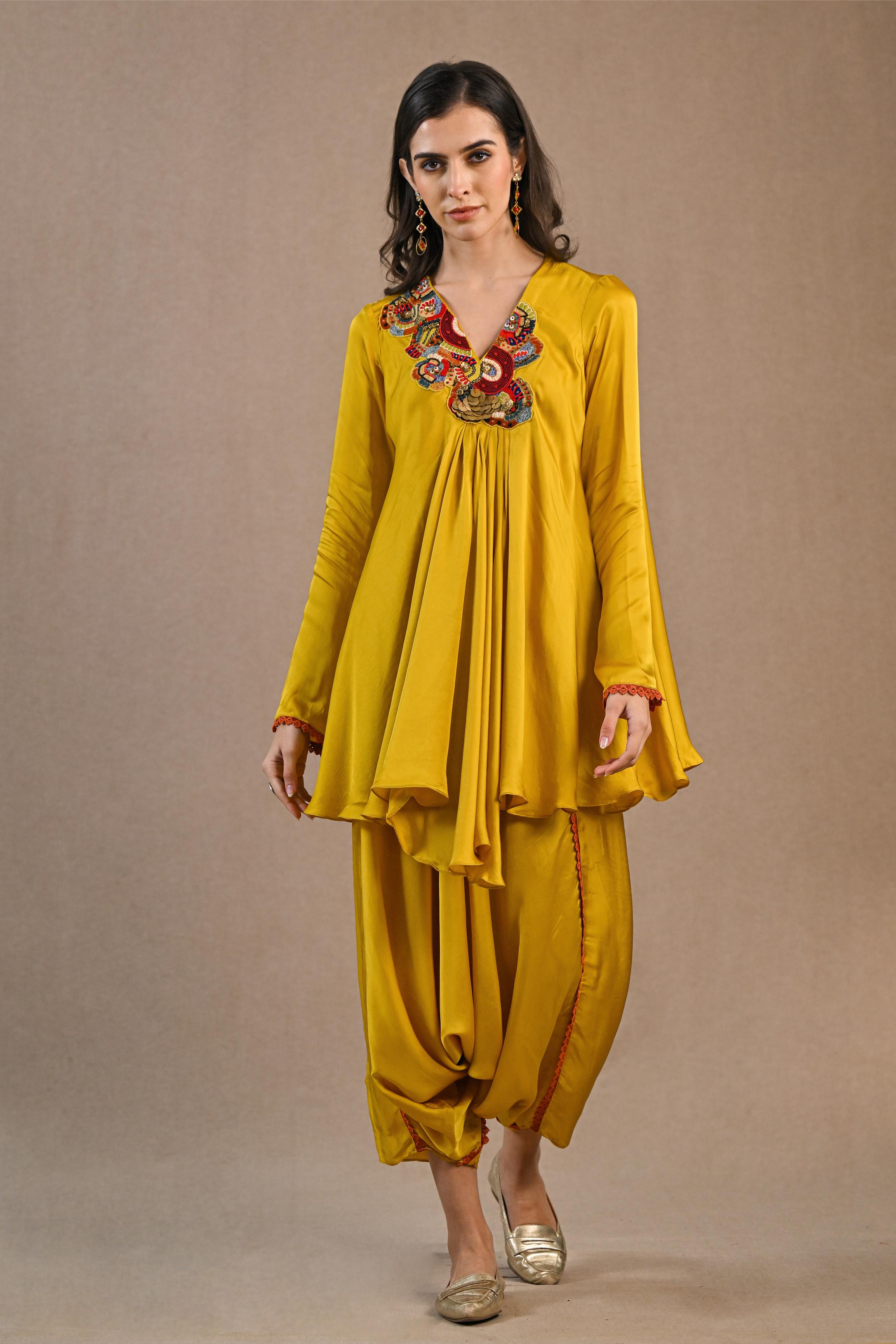 Yellow Embroidered Satin Silk Pants Set