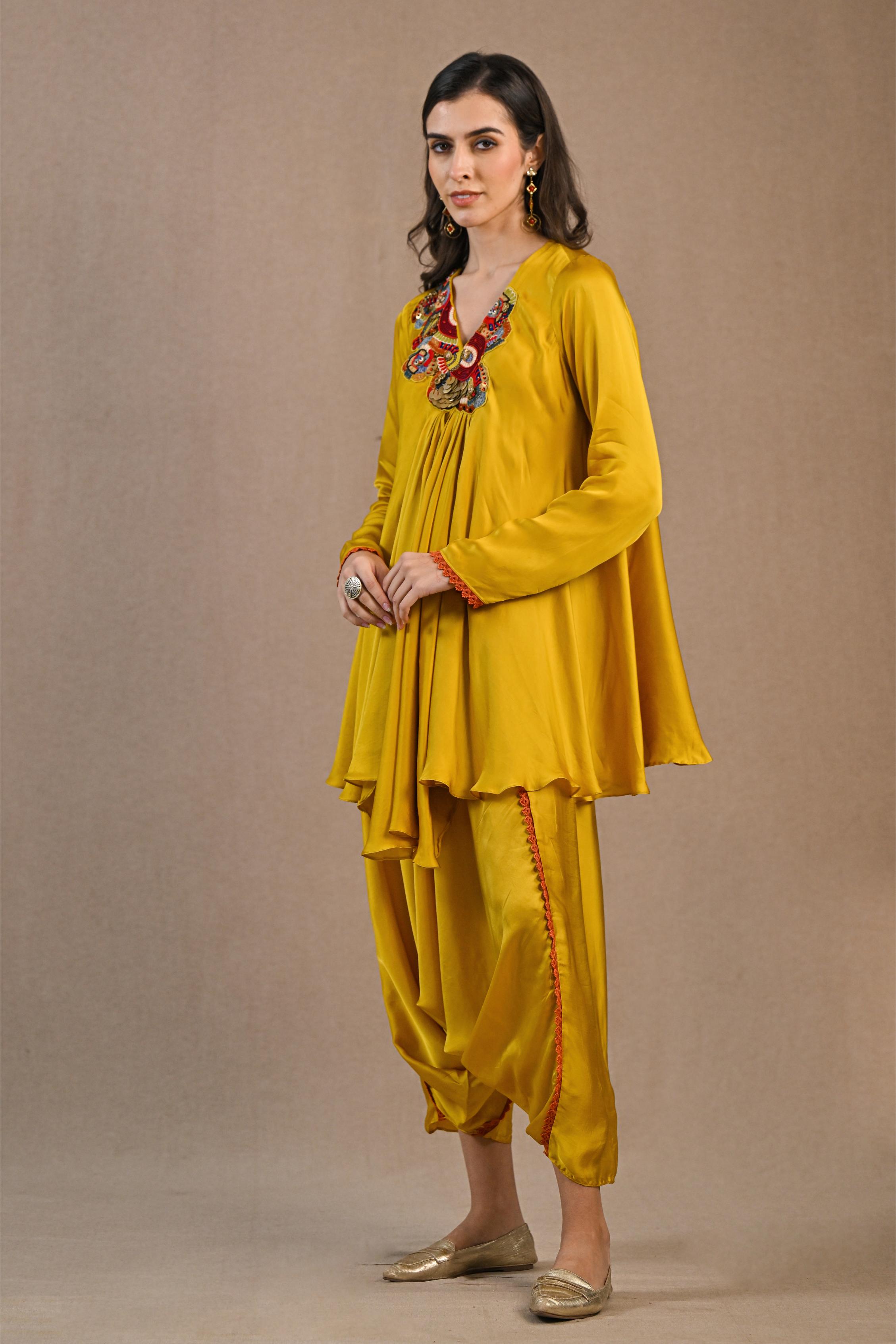 Yellow Embroidered Satin Silk Pants Set