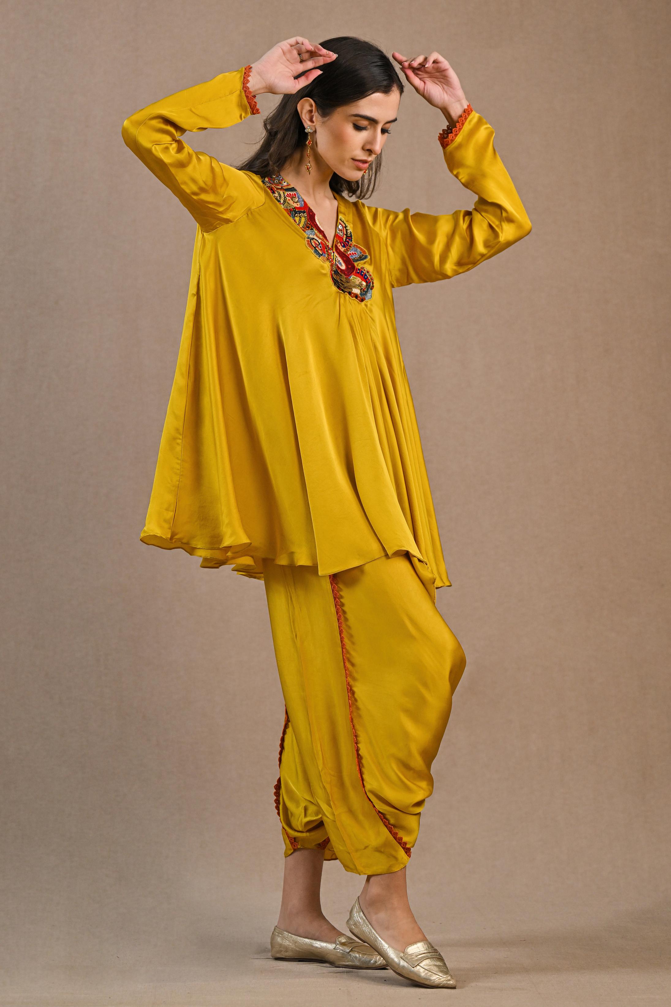 Yellow Embroidered Satin Silk Pants Set