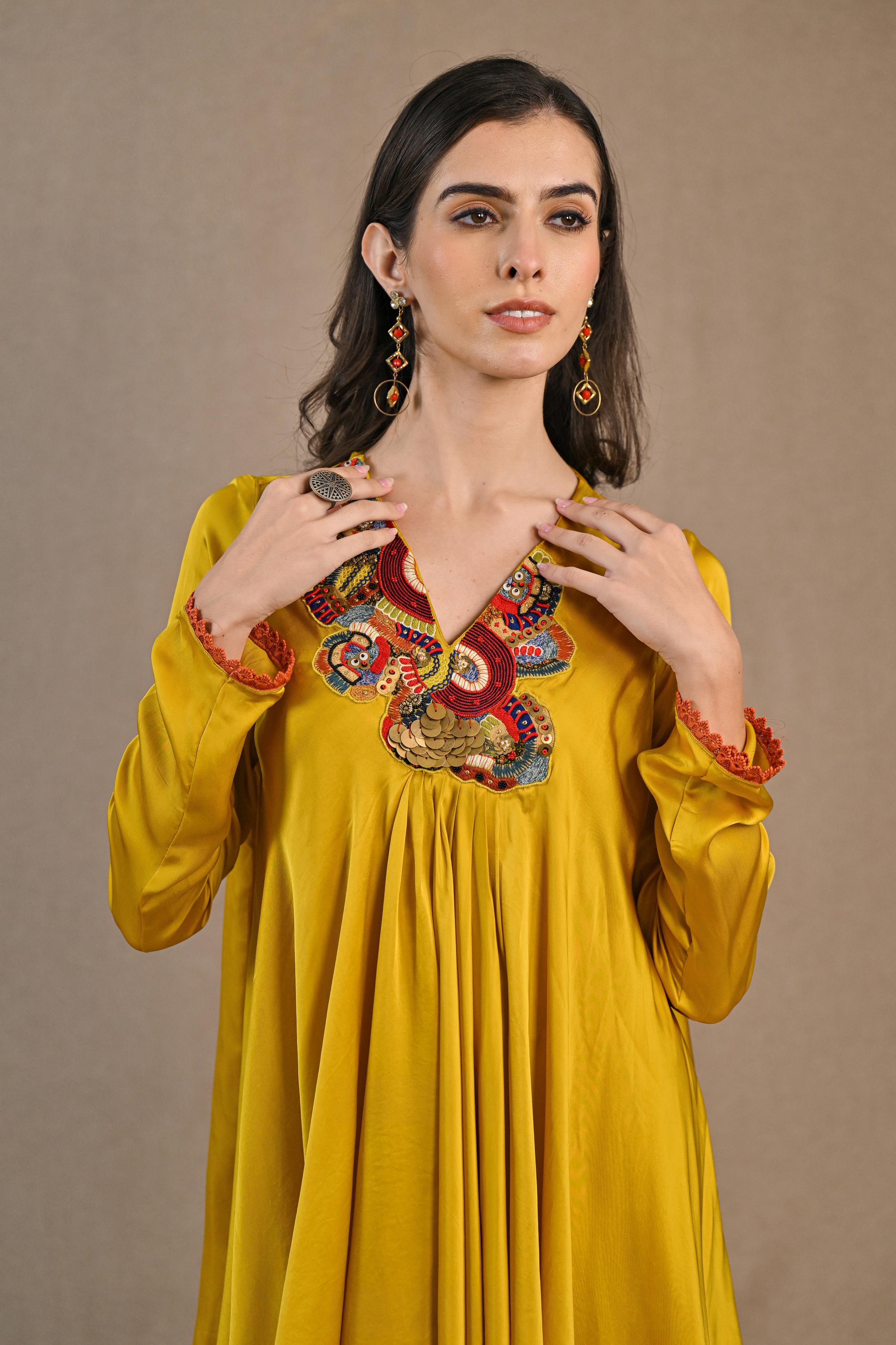 Yellow Embroidered Satin Silk Pants Set