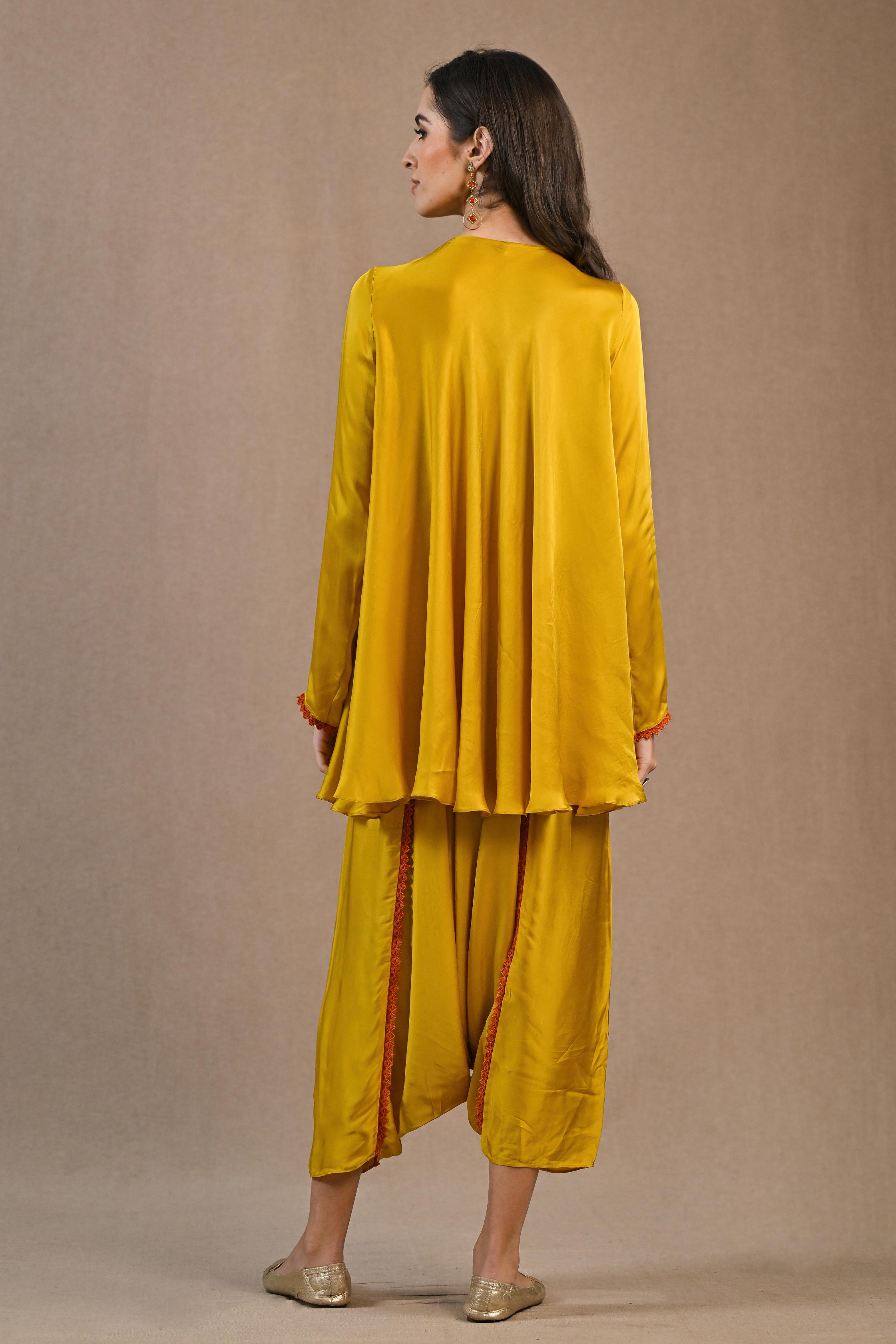 Yellow Embroidered Satin Silk Pants Set