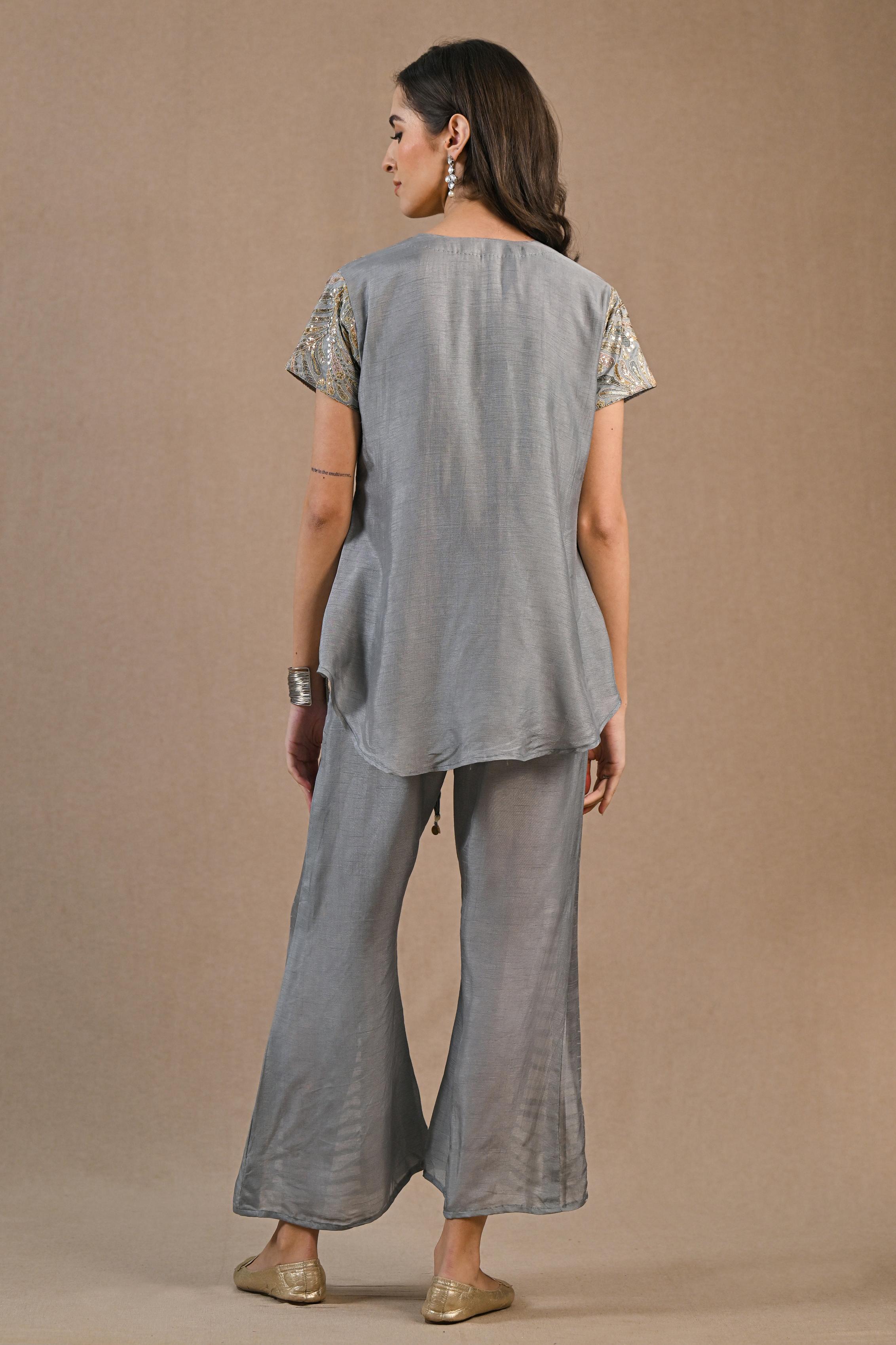 Grey Embellished Raw Silk Co-Ord Set