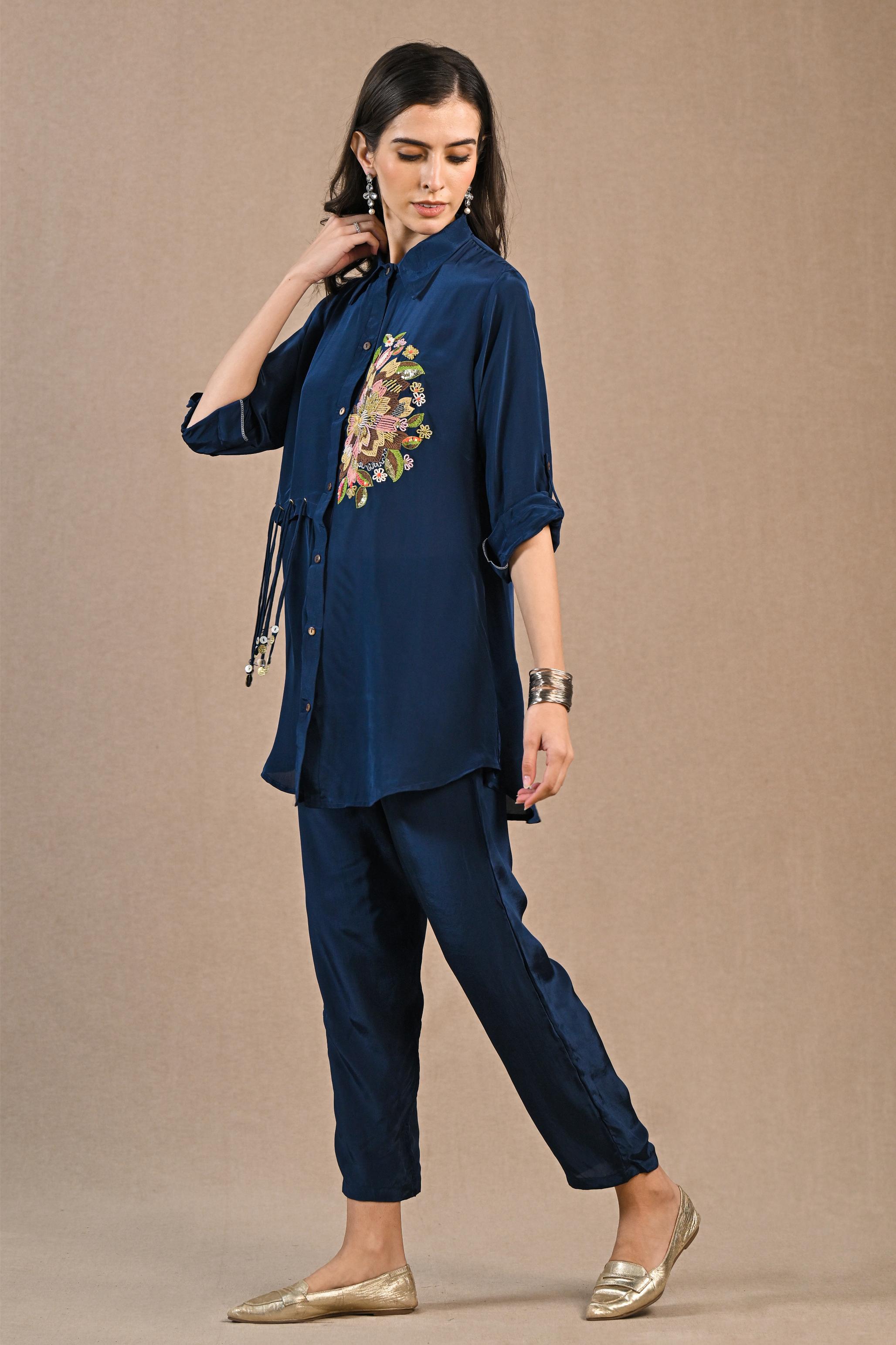 Dark Blue Embroidered Crepe Silk Co-Ord Set