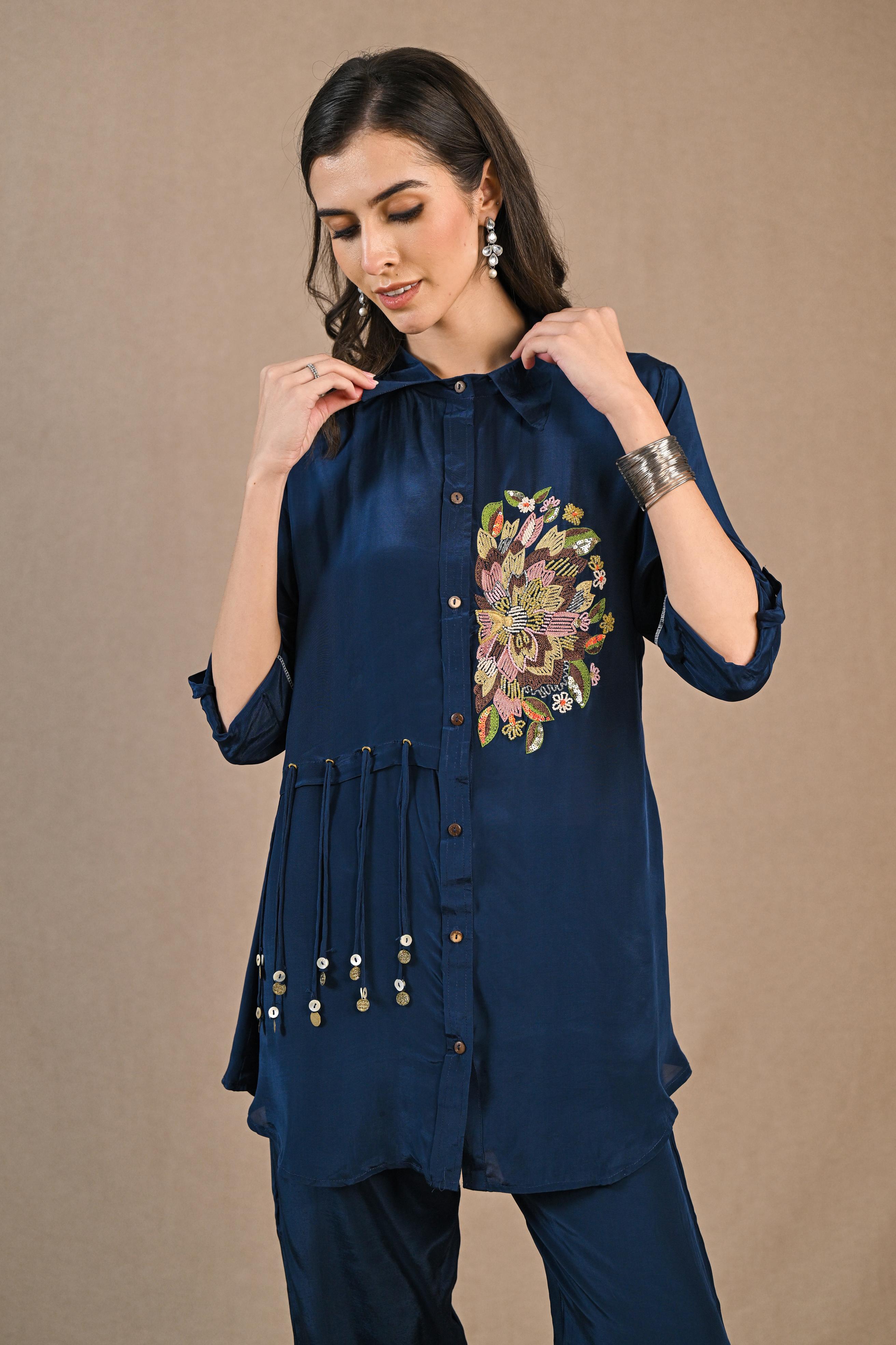 Dark Blue Embroidered Crepe Silk Co-Ord Set