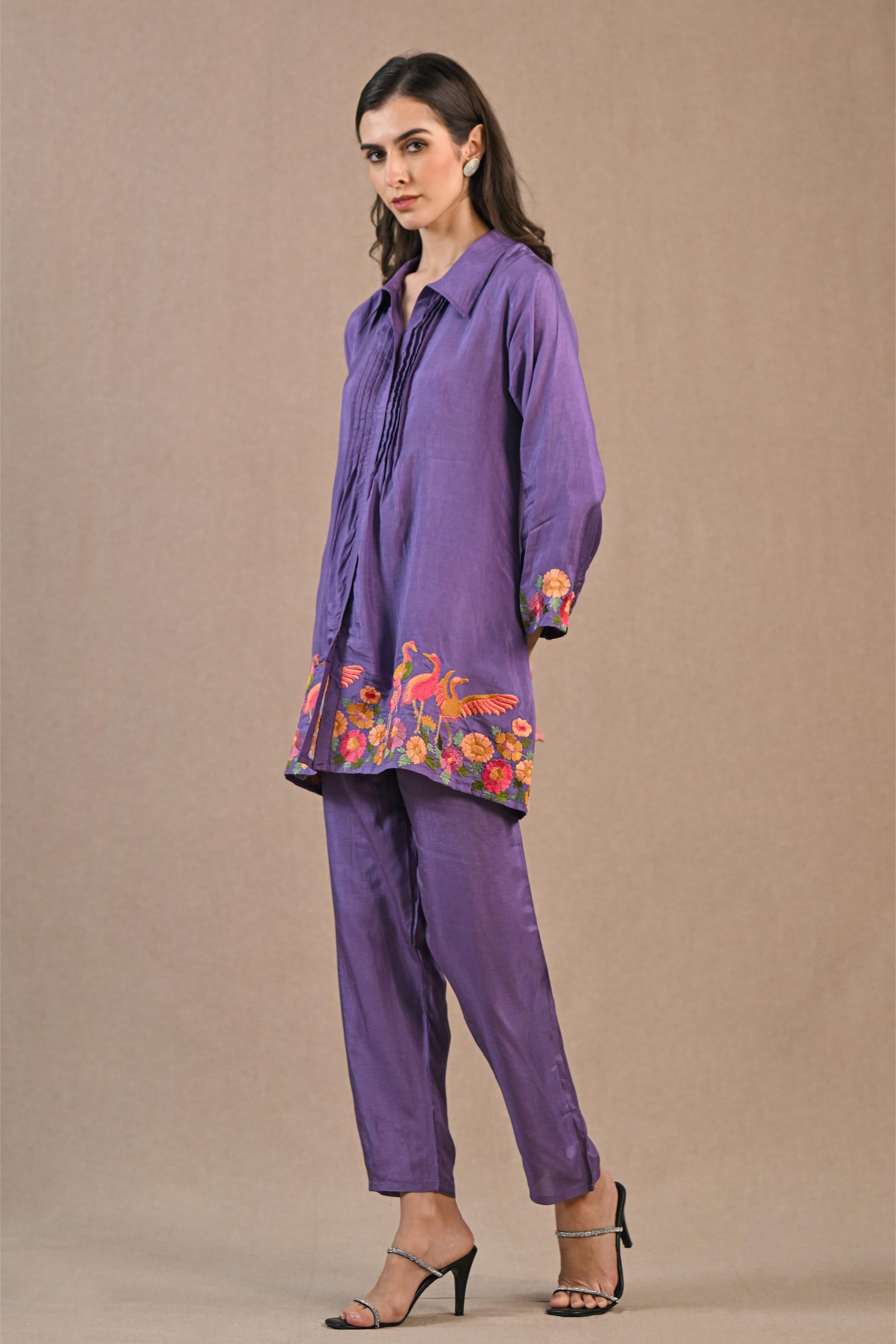 Light Purple Embroidered Raw Silk Co-Ord Set