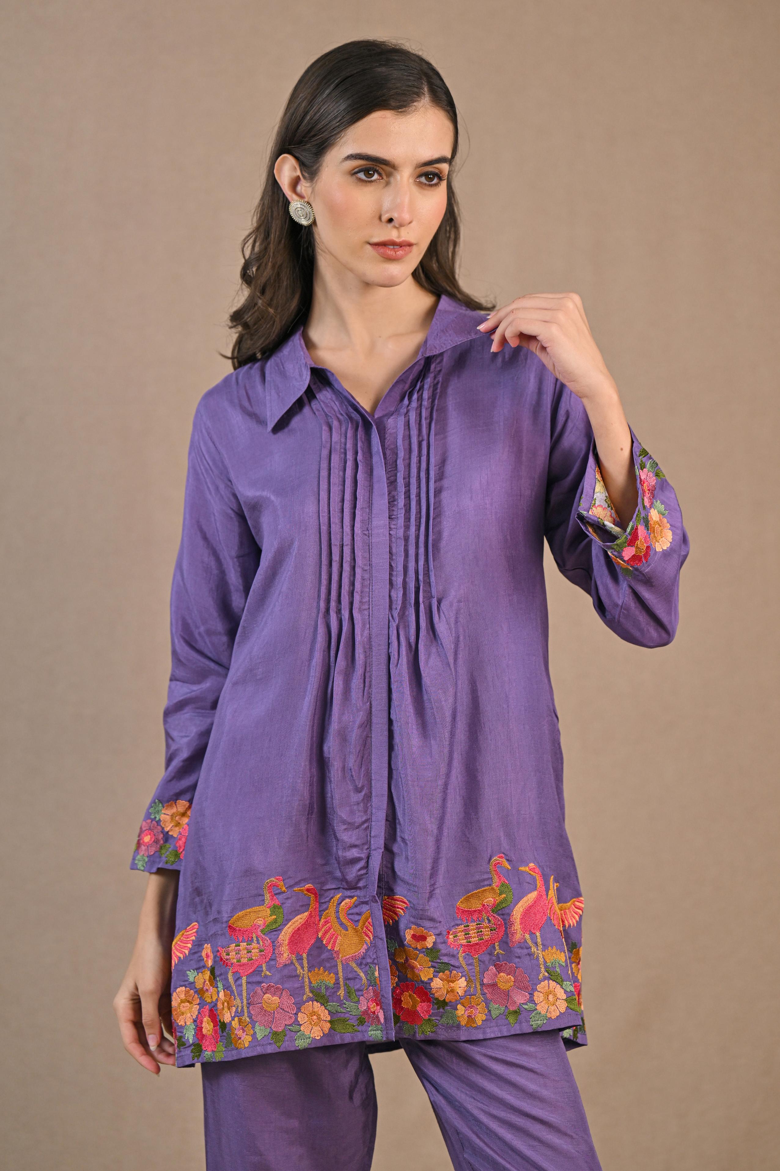 Light Purple Embroidered Raw Silk Co-Ord Set