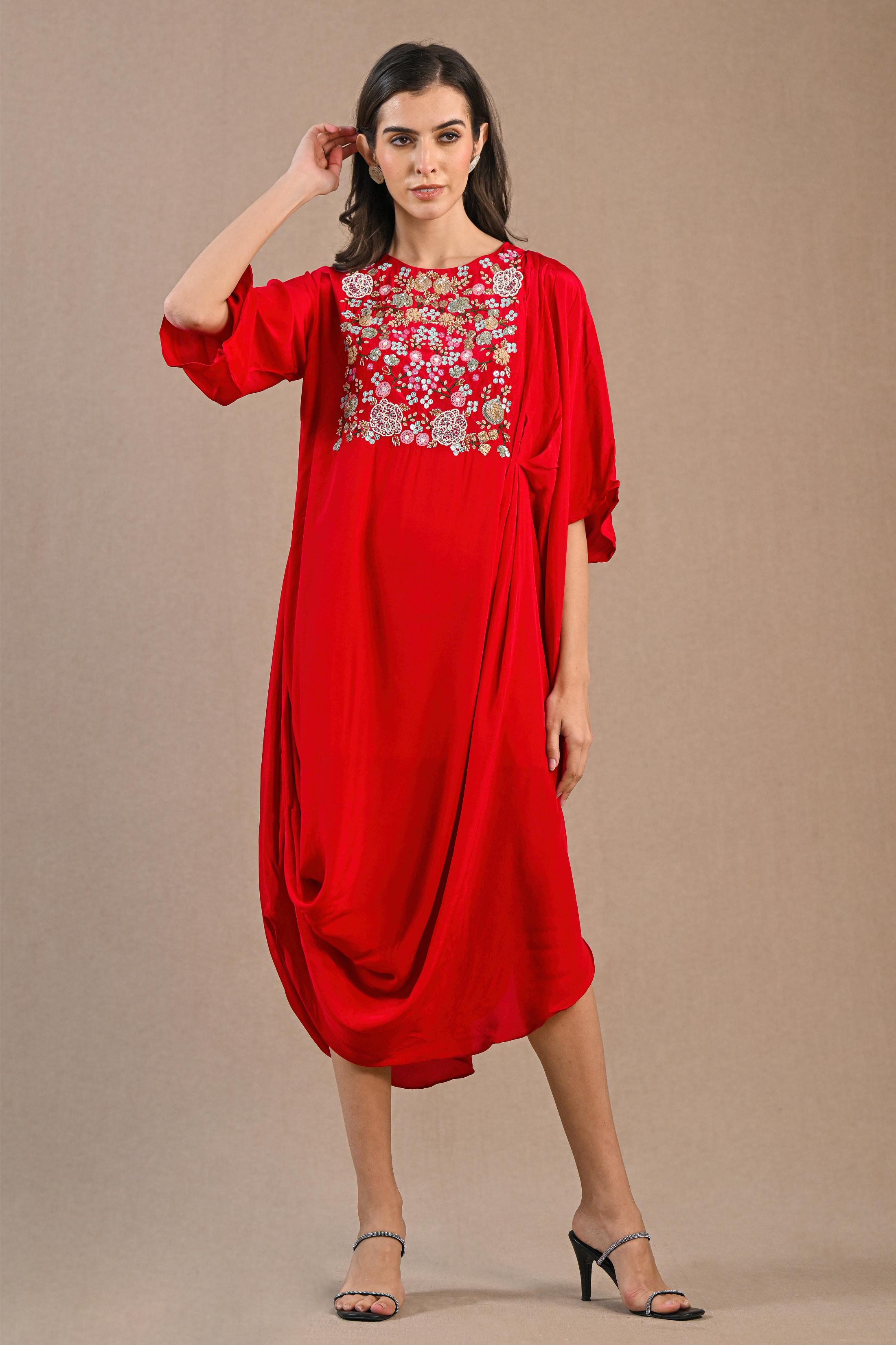 Hot Red Embroidered Crepe Silk Dress