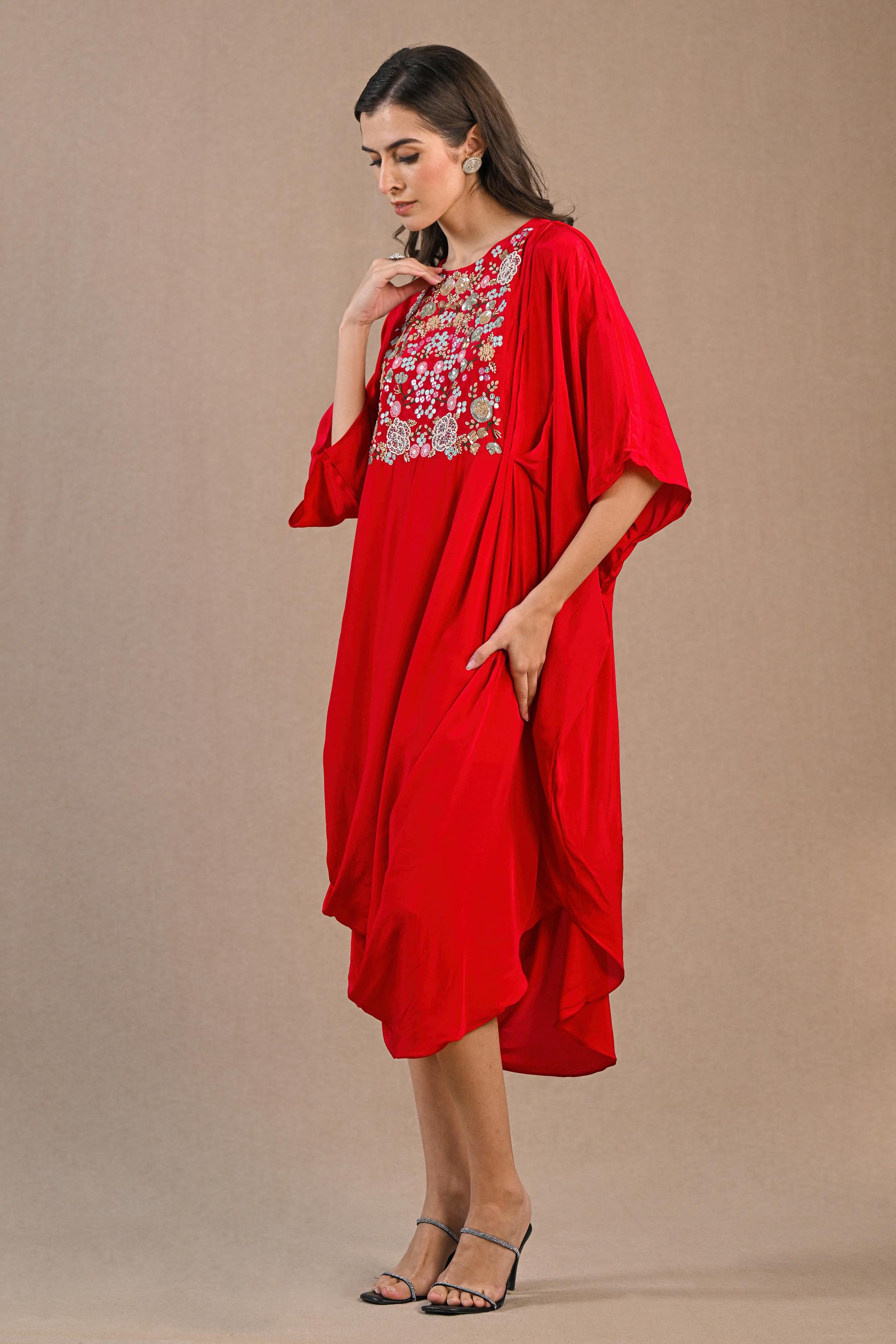 Hot Red Embroidered Crepe Silk Dress